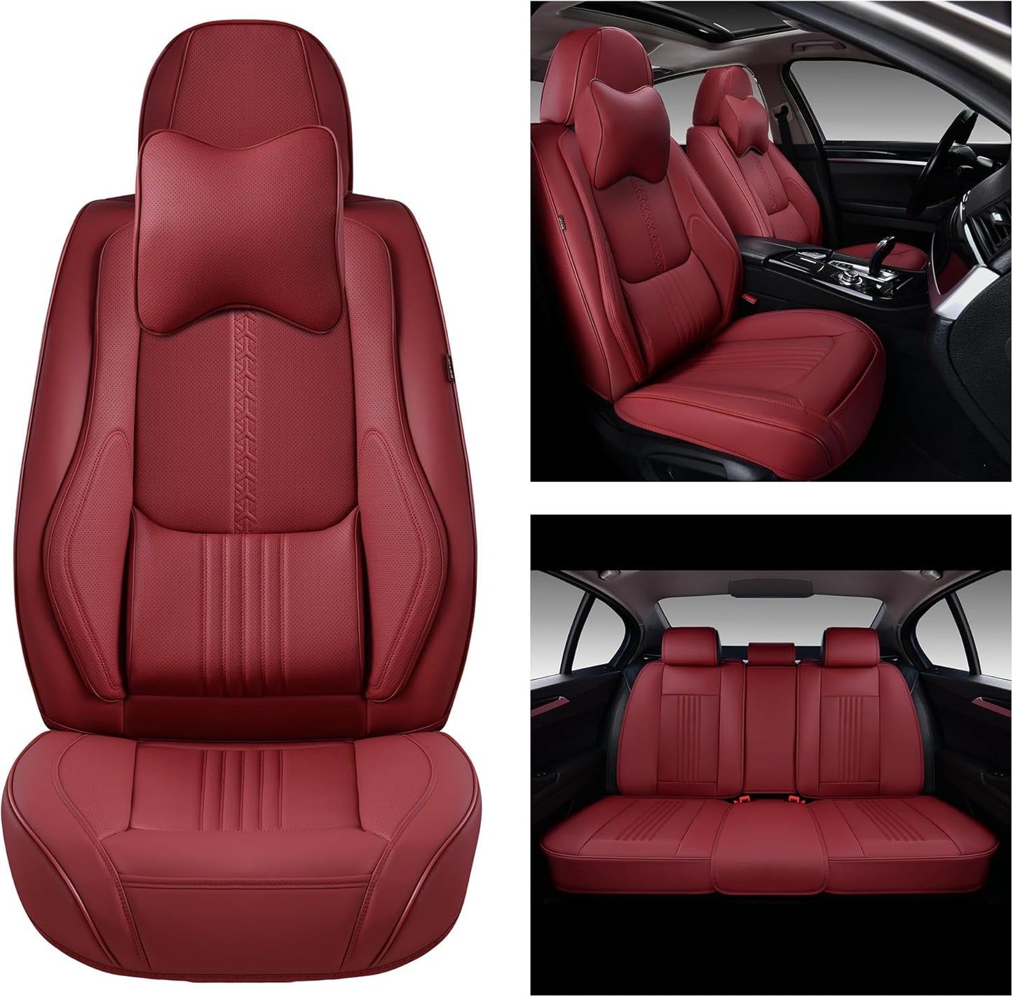 Car Seat Covers Full Set, Front and Rear Seat Covers for Cars, Waterproof Leather Auto Seat Protectors with Head Pillow, Car Seat Cushions Fit for Most Sedans SUV Pick-up Truck, Wine Red