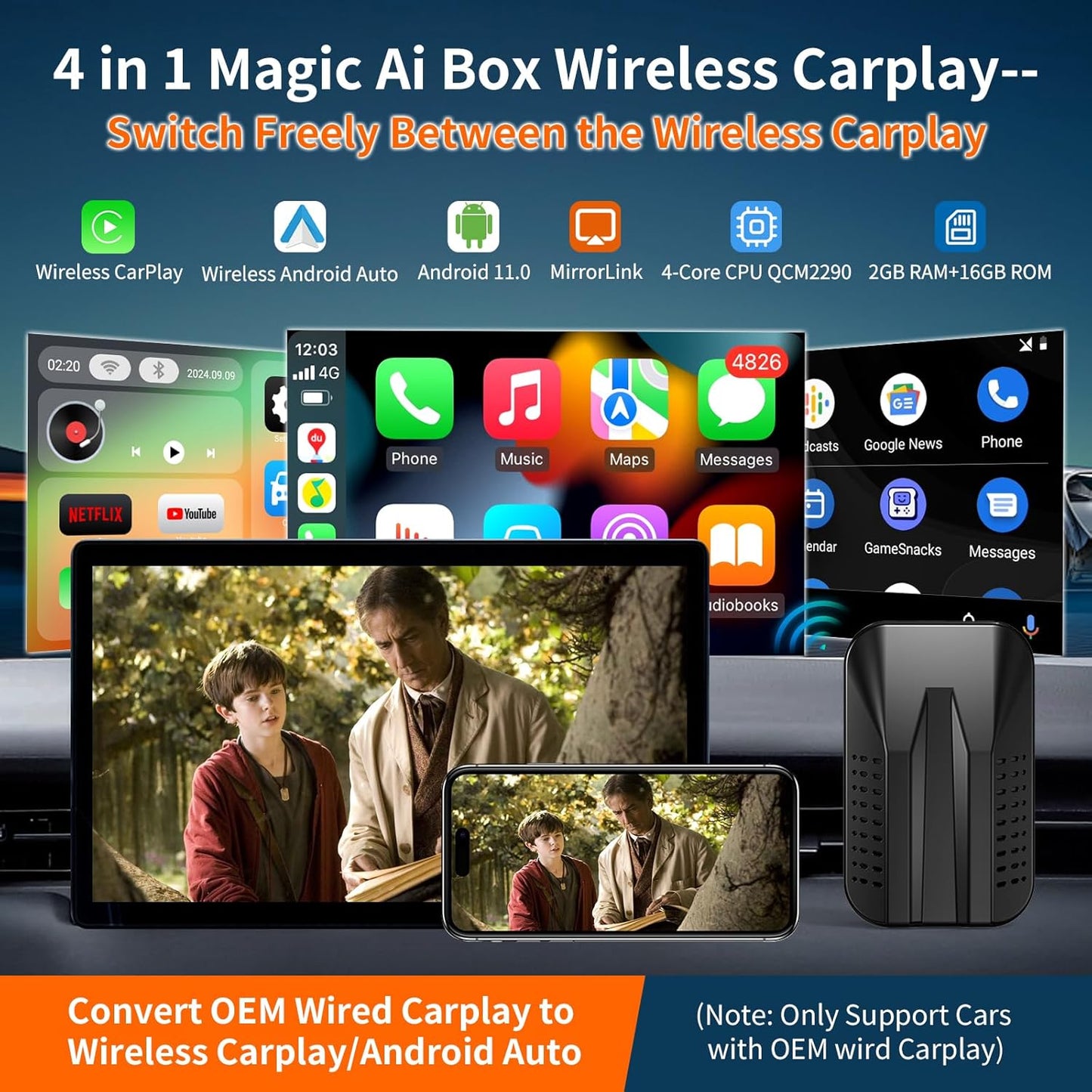 Wireless Carplay & Android Auto Adapter, 2025 Upgrade Carplay Ai Box Support Netflix/YouTube/TikTok/TF Card,Plug&Play, Mirror Link, Easy Setup, for Cars Equipped with OEM Wired CarPlay