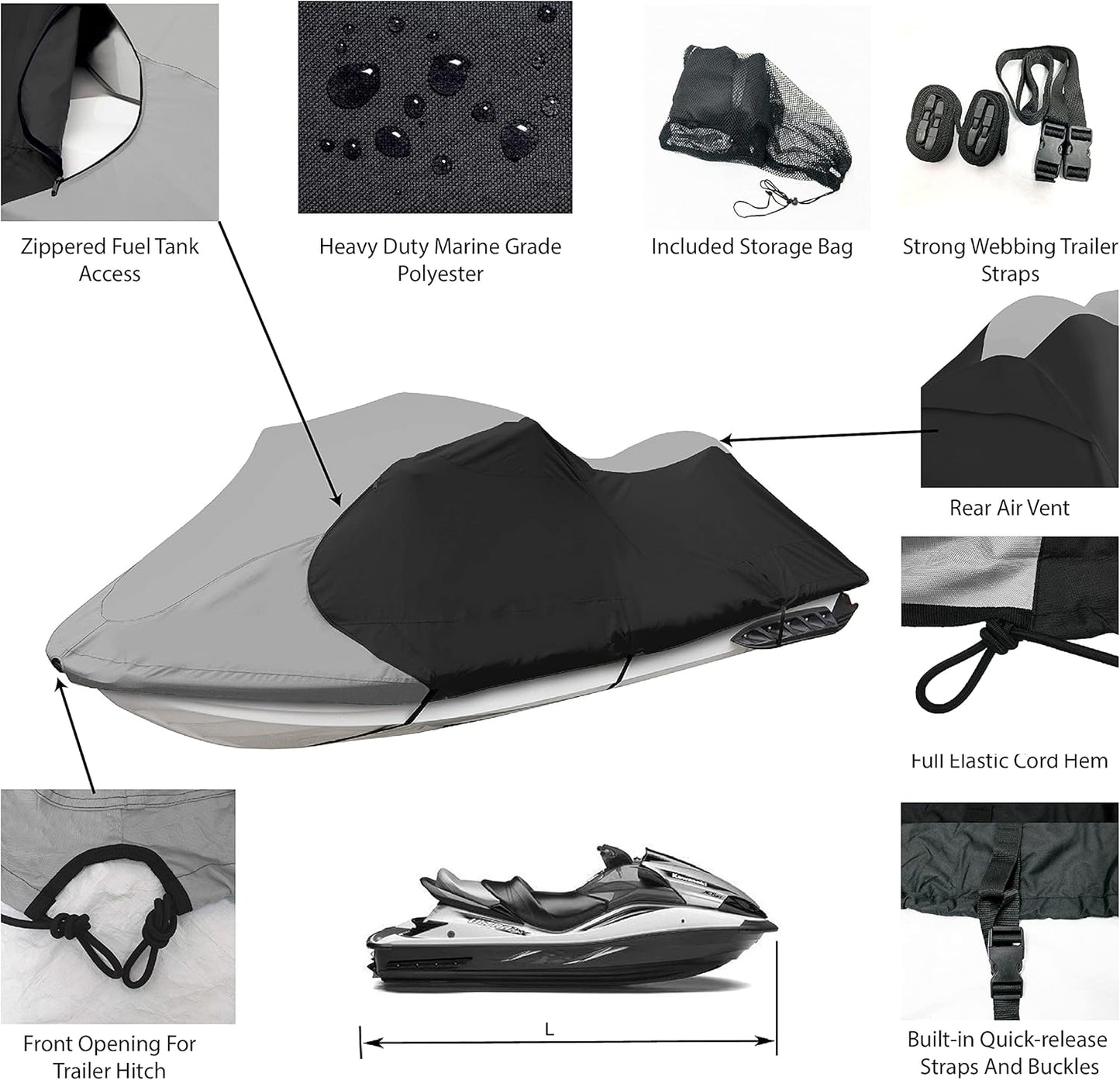 JetPro Trailerable Jet Ski Cover, Waterproof Marine Grade 600D Heavy Duty Polyester PWC Cover Gray/Black Color Fits from 116"-125" 2 Seater