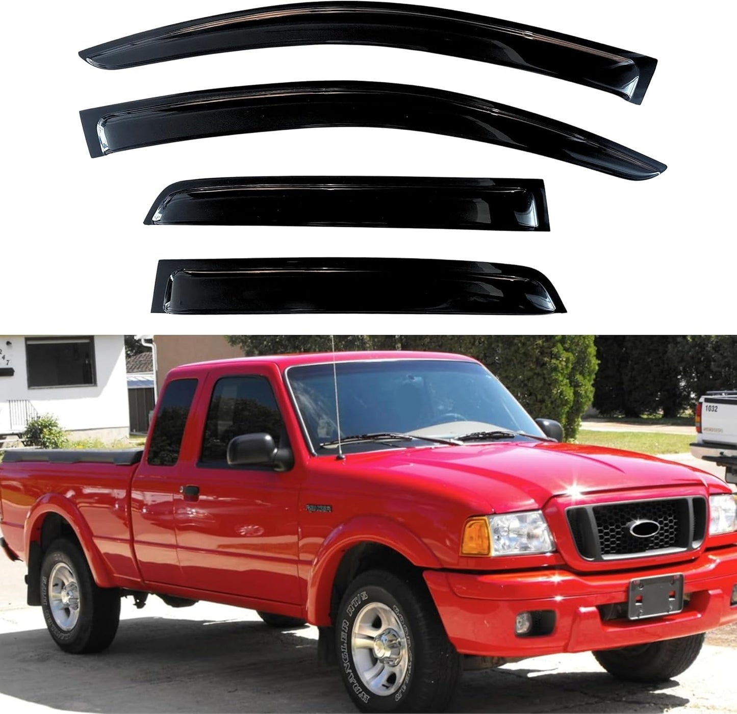 KPY Window Visor Compatible with Ford Ranger 1999-2011 & Mazda B2300/B4000 1999-2010 & Mazda B3000 1999-2008, Rain Guard Vent Deflectors Tape-On, 2002 2003 2004 2005 2006 2007 2009 (Extended Cab)