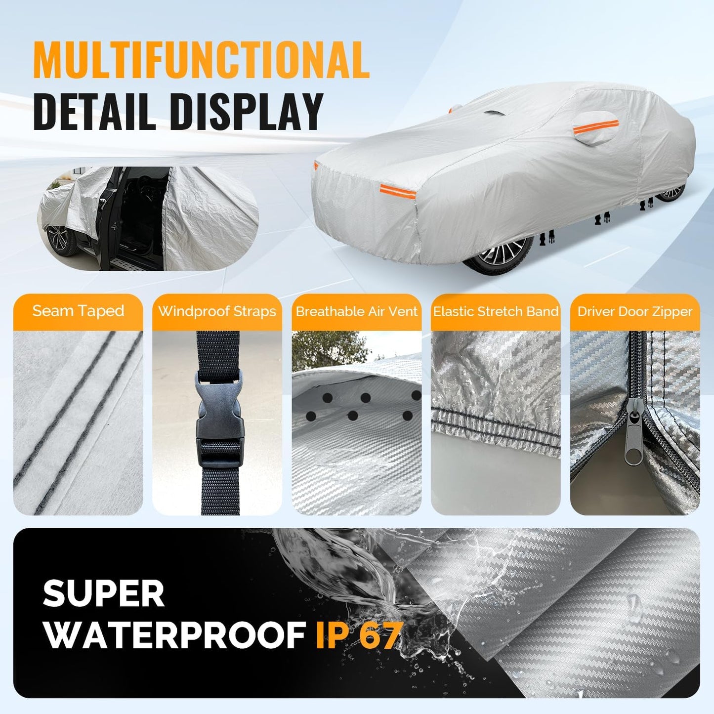 30 Layers Car Cover for Automobiles All Weather Waterproof, Outdoor Snowproof UV Protection Windproof, Door Zipper, Soft Cotton, Heavy Duty Universal Car Covers, (Silver, Fit Sedans 171"-180")