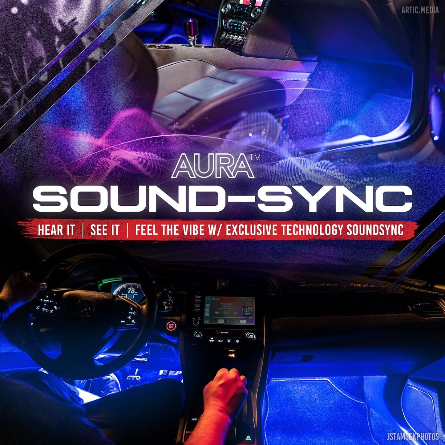 OPT7 Aura Interior Car Lights with Remote Control, Color Change, Music Sync Inside Ambient Lighting Kit, LED Light for Cars Trucks Under Dash Accessories, Charger Adapter 12V, 4pc Single Row LED Strip