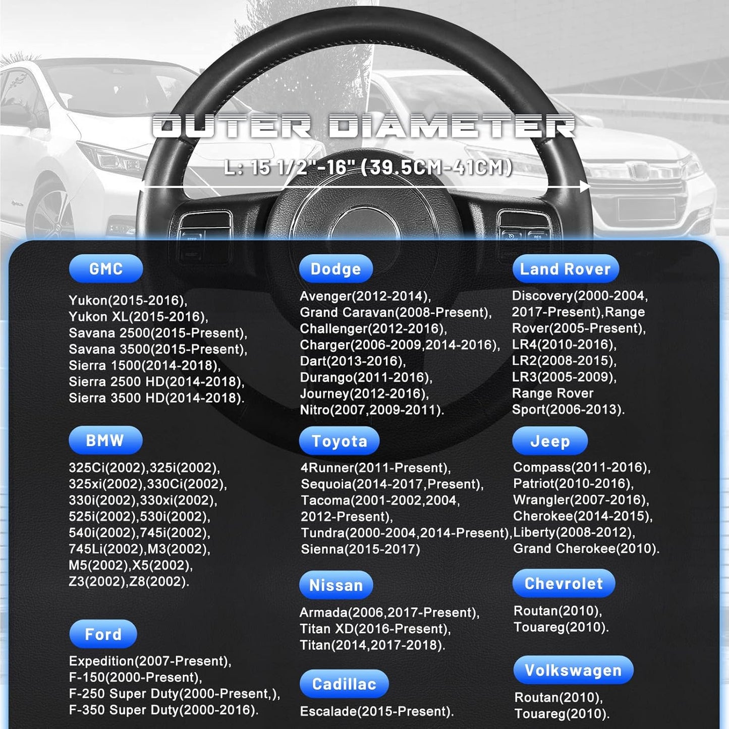 SEG Direct Car Steering Wheel Cover for F-150 Tundra Range Rover 15.5-16 inch, Black and Blue Microfiber Leather