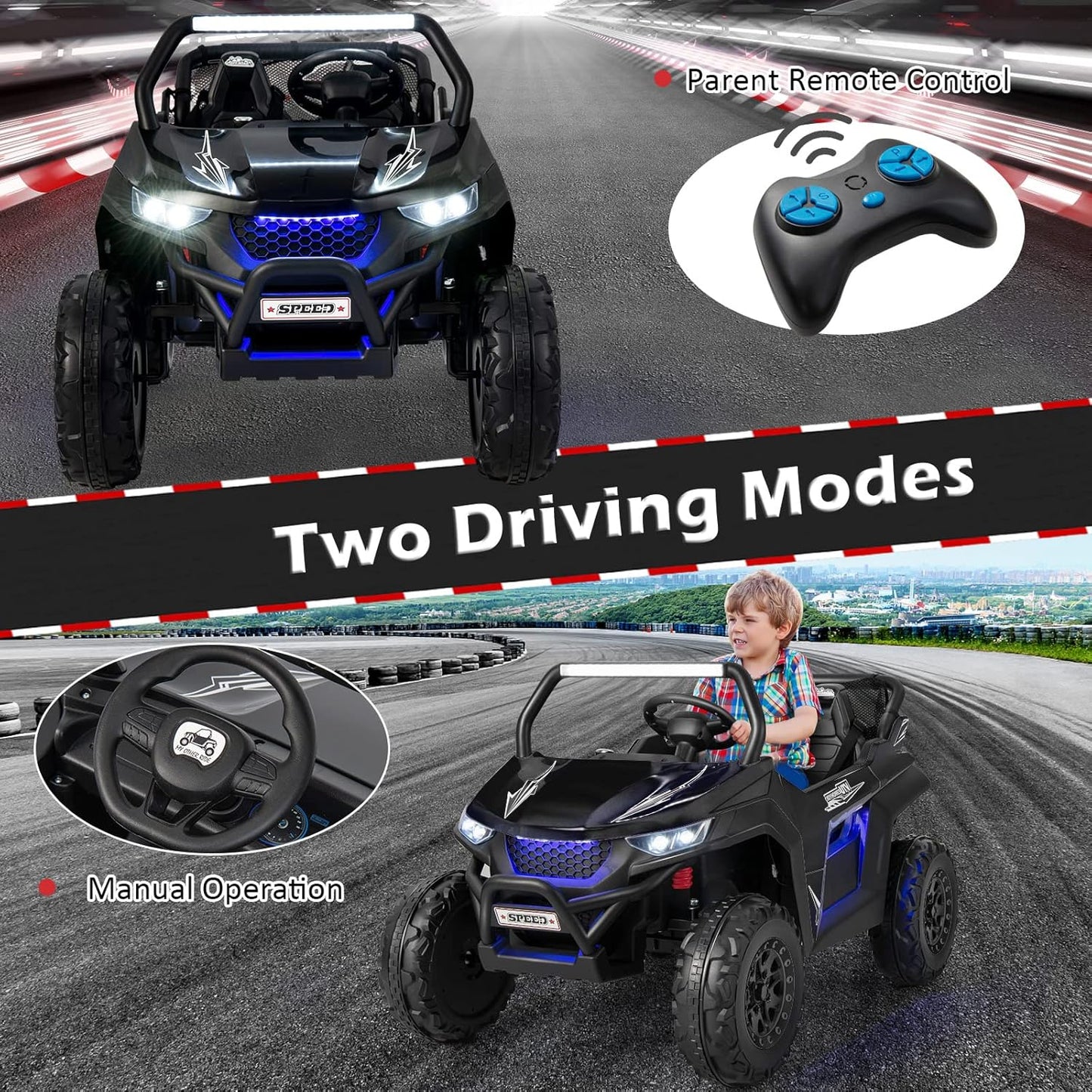 Costzon 2-Seater Ride on Car for Kids, 12V Kids' Electric Vehicles w/Remote Control, 4 Shock Absorbers, Wireless Music & FM, 3 Speeds, Ambiance Lights, Electric UTV, Kid Car Toy for Boys, Girls(Black)