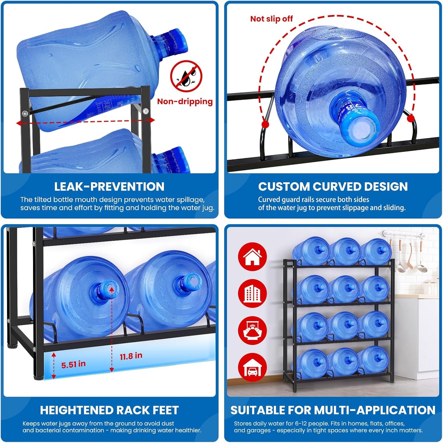 jolybebe 5 Gallon Water Jug Holder for 12 Bottles Without Wobbling, New Upgraded Heavy Duty 4 Tier Thicken Water Bottle Storage Rack for Home, Office, Kitchen, Warehouse, Garages Black