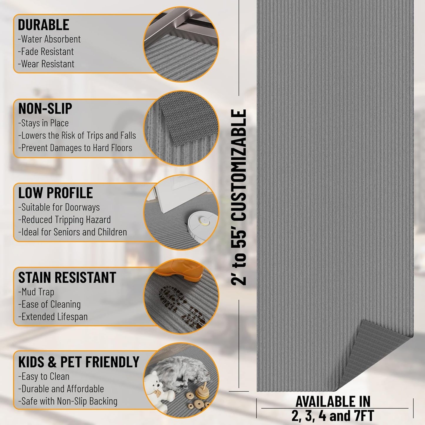 Ottomanson Mud Mat 2' x 2' Entryway Rug - Non-Slip Scraper Doormat for Muddy Paws, Dirt Trapping Indoor/Outdoor Mat for High-Traffic Areas, Kitchen, Garage, Patio, Gray