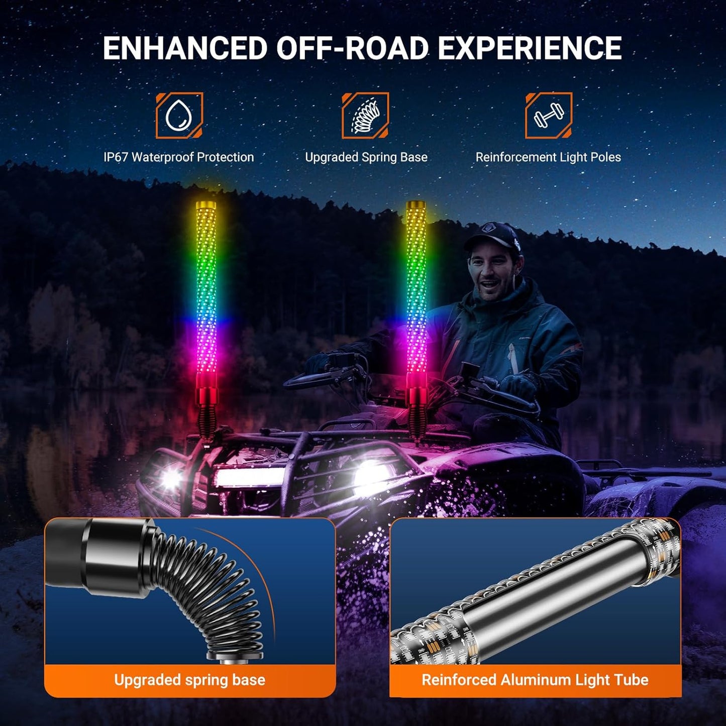 2FT Fat Whip Lights for UTV ATV with Spring Base, Led Fatty Whip Light W/Rocker Switch & 6 Flags, Brighter Spiral Chasing Lighted Antenna Whip with APP & Remote Control for RZR SXS Can-Am