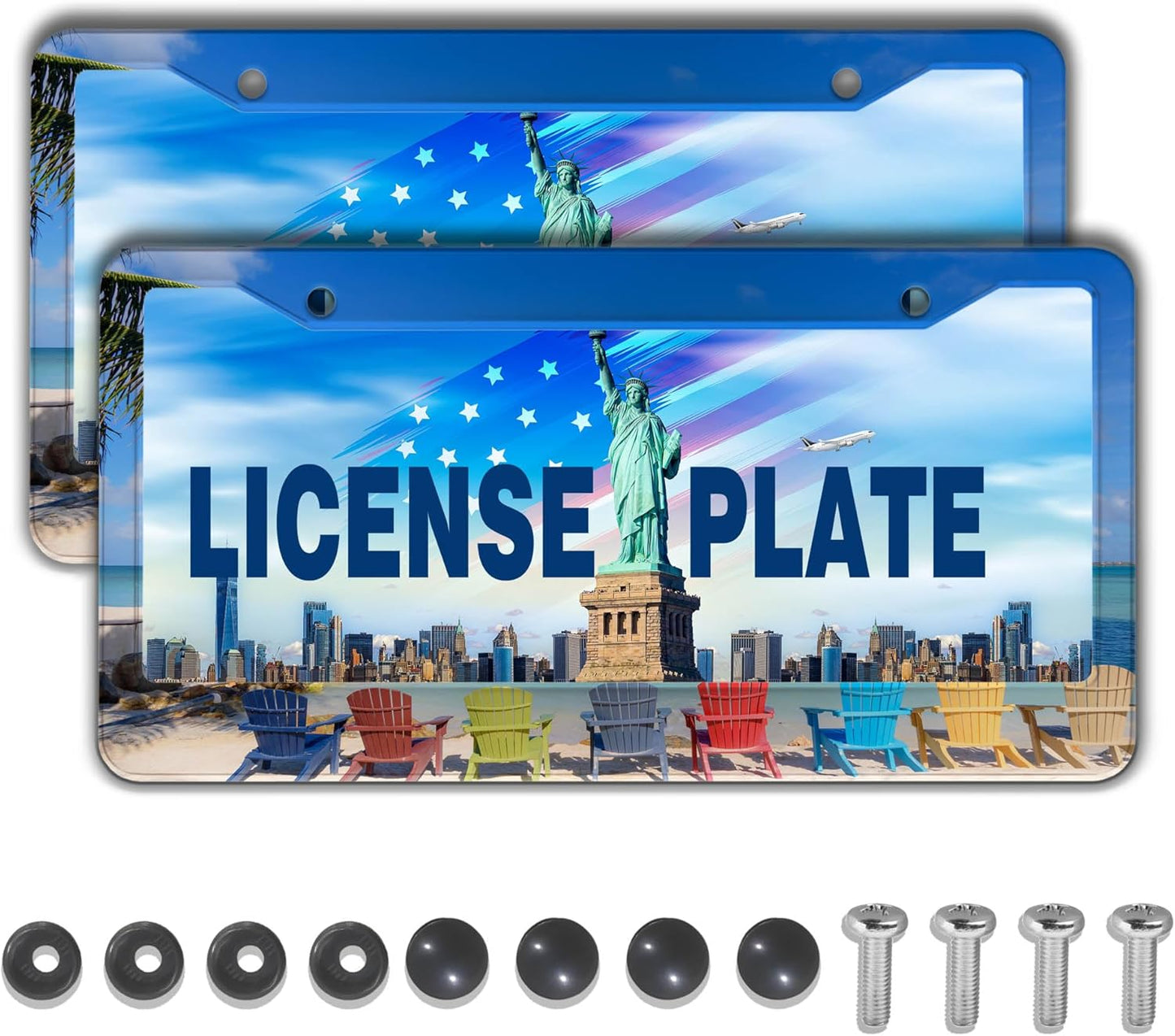 License Plate Frames License Plate Frame Beach Loungers Colorful Chairs in Tropical Summer Palm Tree Aluminum Metal Car Accessory 2 Pack with Screw Covers Set