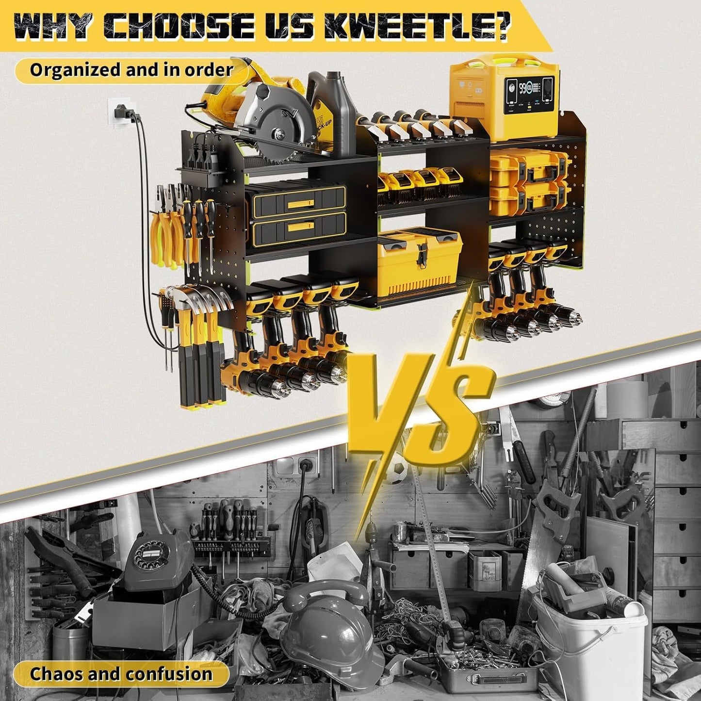 45" Power Tool Organizer Wall Mount with Charging Station - 3 Layer Storage Racks with 8 Cordless Drill Holder, 4 Hooks, Heavy Duty Garage Tool Organizer Storage for Workshop Shed Pegboard Basement