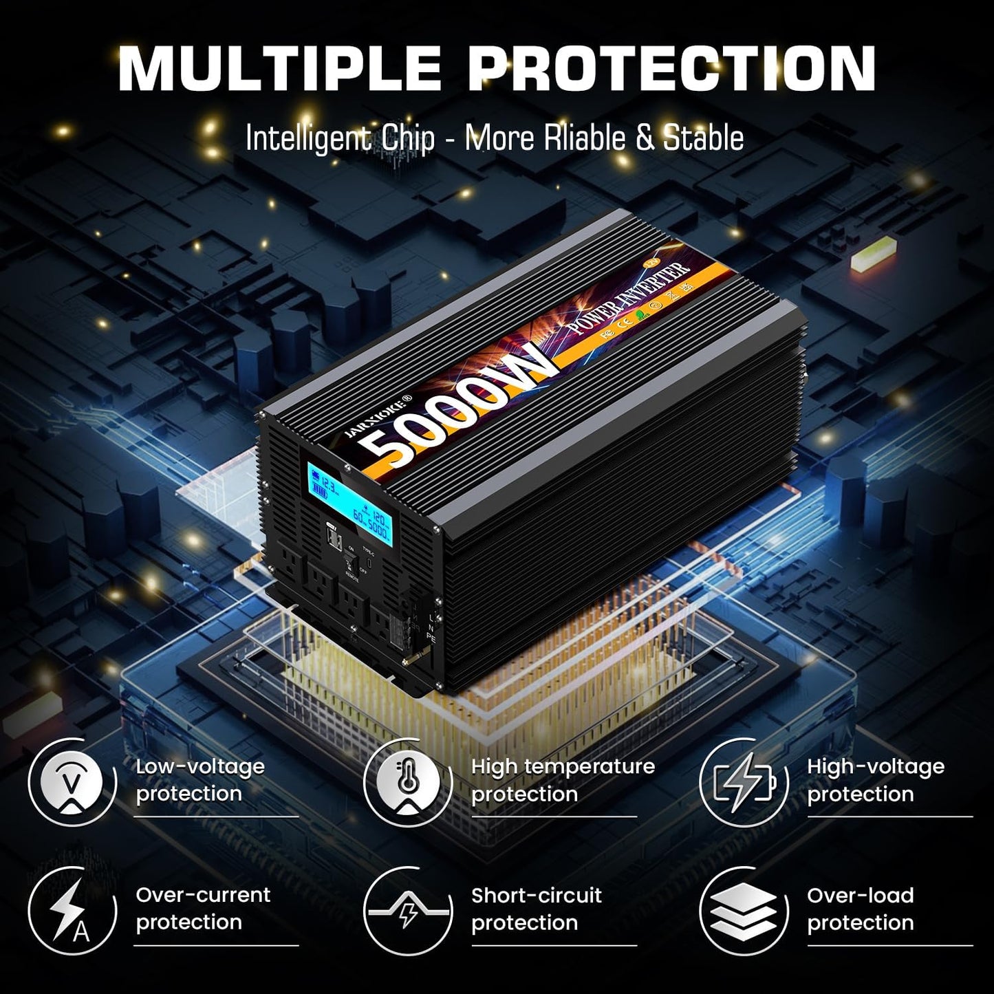 5000 Watt Power Inverter 12V DC to 110V 120V Converter for Family RV Off Grid Solar System Car with Type-C Ports 3 AC Power Outlets Dual USB Ports LCD Display Wireless Remote Control