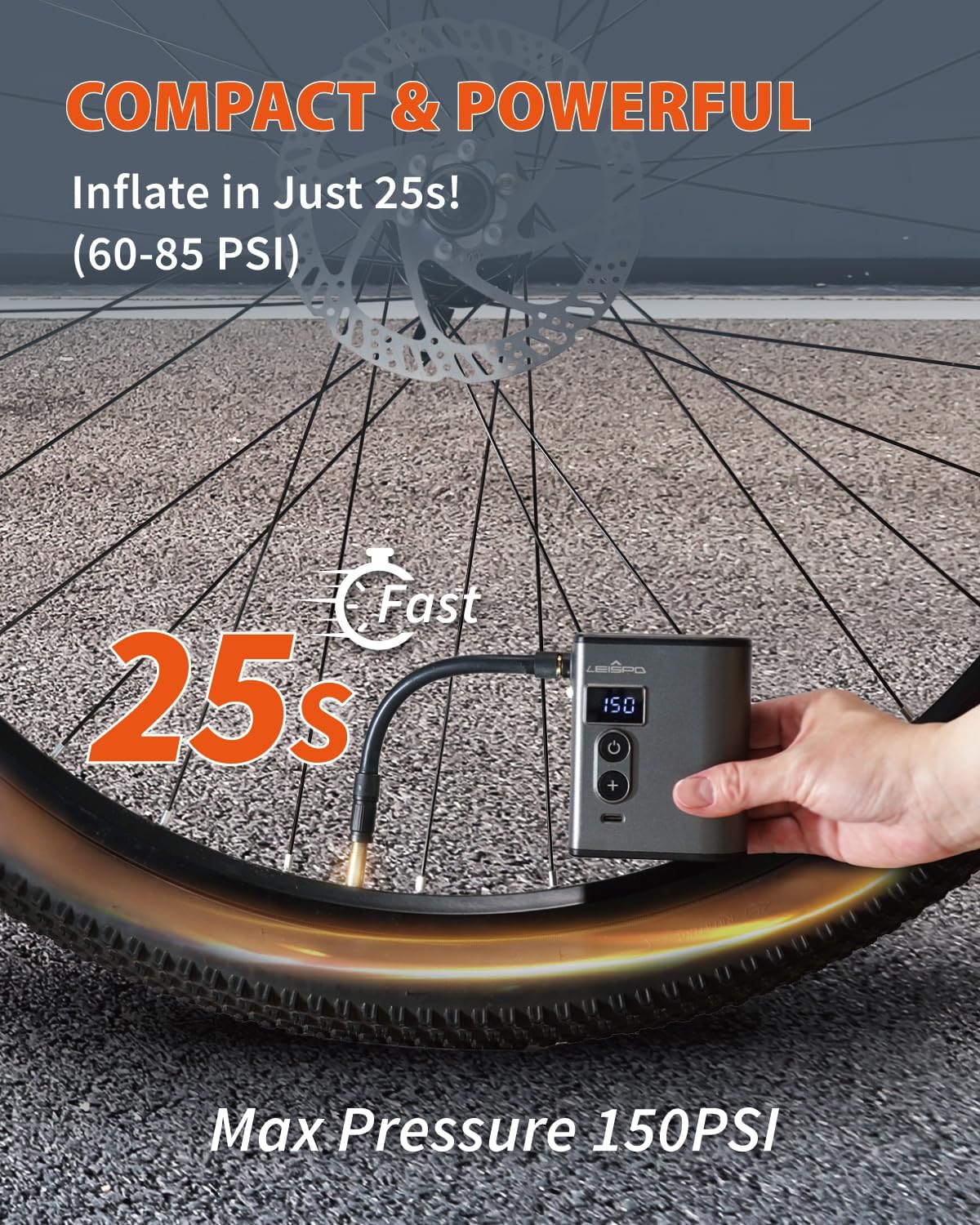 TMP1 Mini Bike Tire Pump, 150PSI Electric Air Pump with Gauge, Fast Inflate Bicycle Pump, Presta & Schrader Valve, Portable Air Pump for Road Bikes, Mountain Bike,E-Bike,Motorcycle,Sports Balls