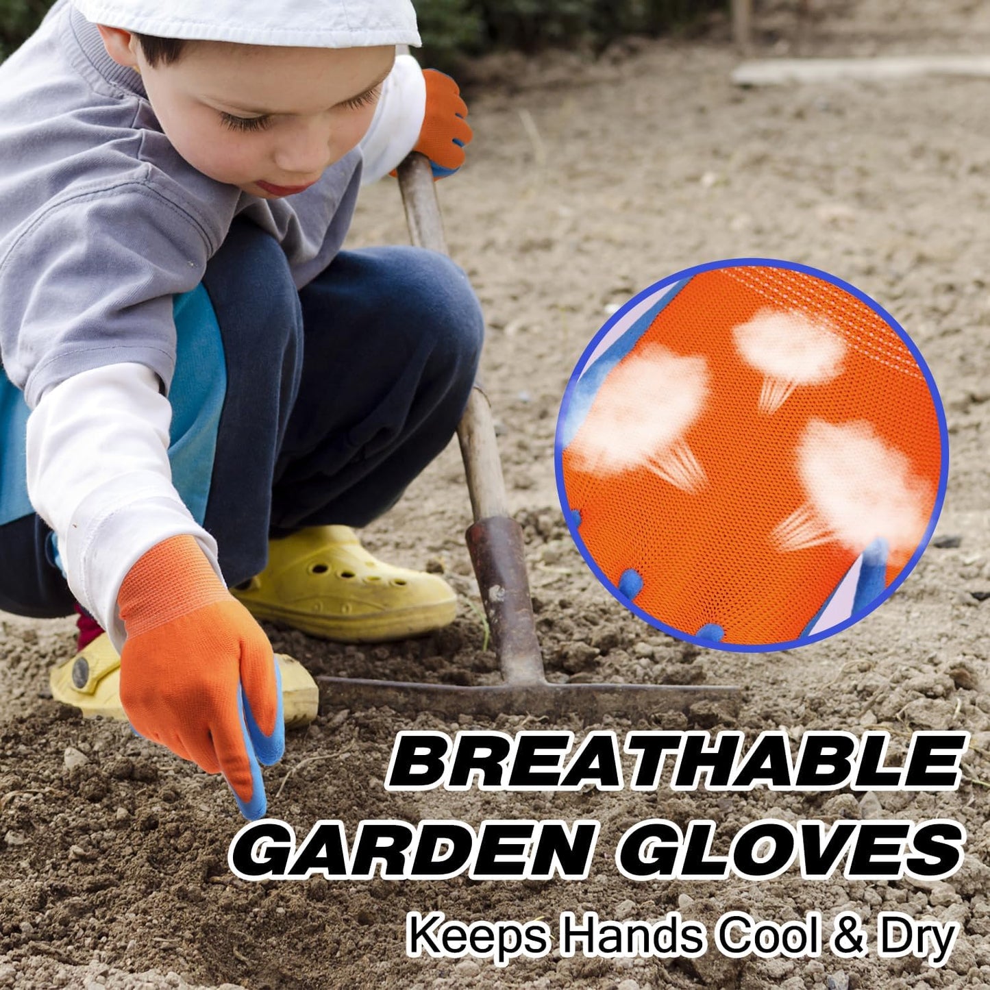 HANDLANDY 3 Pairs Kids Gardening Gloves Latex Free, Nitrile Coated Children Toddler Garden Yard Work Gloves for Little Girls Boys (Size S, Black-Orange)