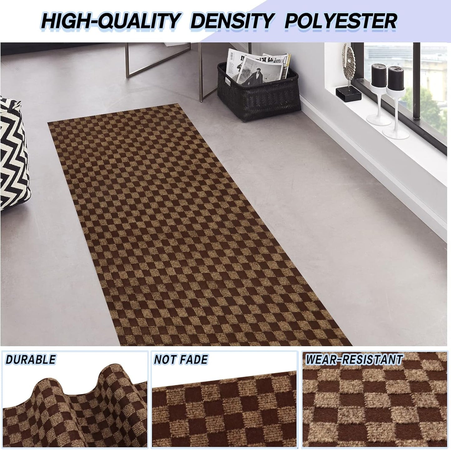 Custom Size Backed Non-Slip Area Rugs Runner, Easy Clean, Waterproof Runner Rugs for Hallway Entryway, Kitchen, Laundry, 4FT x 44FT, Brown Checkered