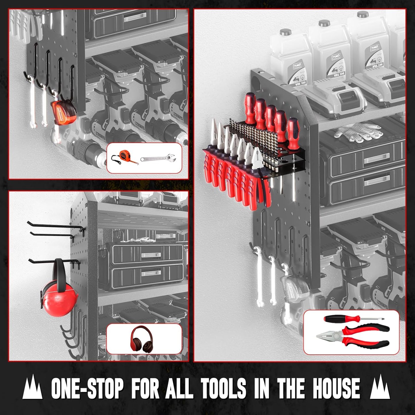 KAFAHOM Power Tool Organizer for Tool Storage, Drill Holder Wall Mount With 2 Side Pegboards, Metal Tool Shelf with 12 Hooks, Tool Organizers Storage Rack, Utility Cordless Drill Rack Red