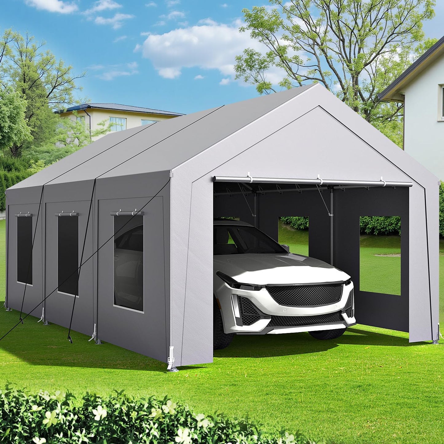 Carport 12x20 ft Heavy Duty, Car Port with Reinforced Steel Frame and 6 Roll-up Windows, Portable Garage with Sturdy Ground Nails, Waterproof All-Season Car Canopy for Boat, Truck, Grey