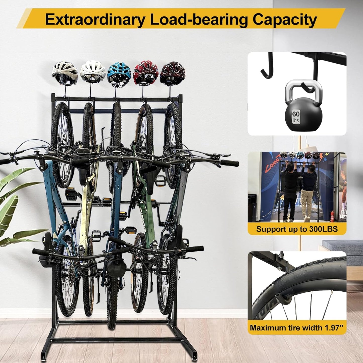 Upgraded Freestanding Bike Rack Storage - Vertical Bike Stand Max 5 Bikes with Helmet Holders, Heavy-Duty Solid Steel Bicycle Stand Indoor Garage Floor Stand