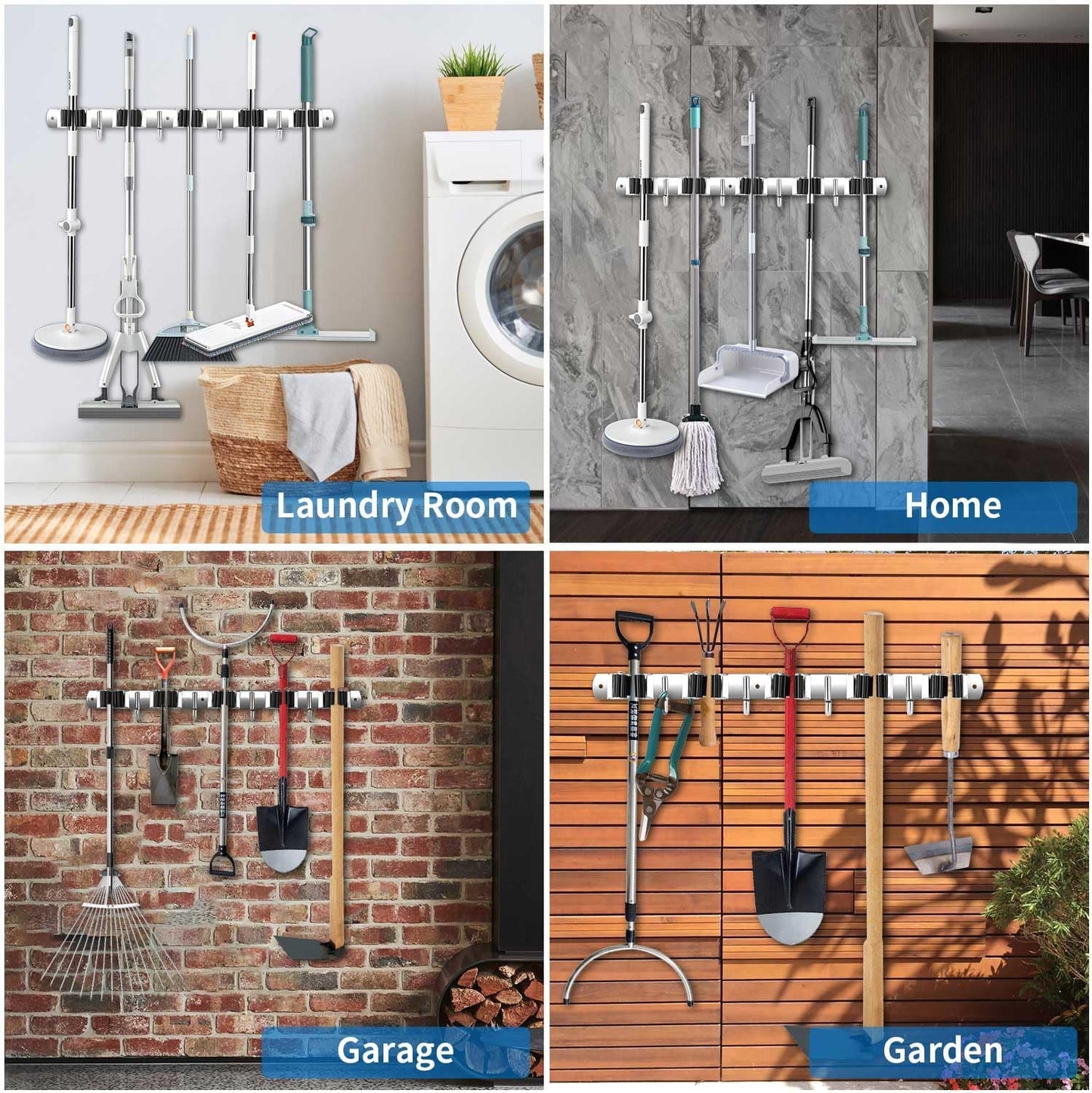 2 Pack Broom Holder Wall Mount, Stainless Steel Broom Hanger Wall Mount, Heavy Duty Mop and Broom Holder Tool Racks Utility Hooks for Laundry Room Garden Garage, Black (4 Racks and 5 Hooks)