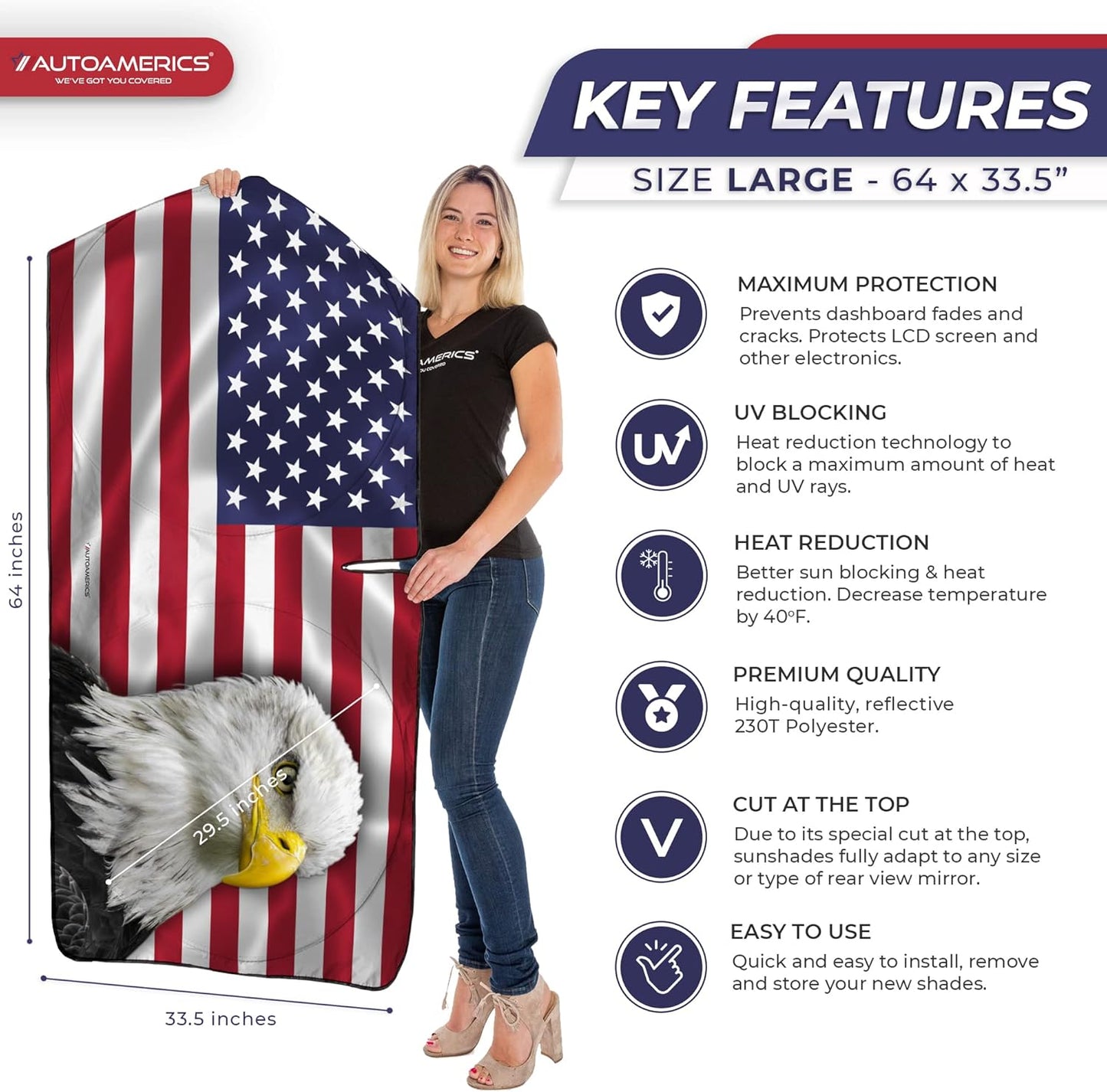 Autoamerics 1-Piece Windshield Sun Shade New American Eagle Flag USA Patriotic Design - Foldable Car Front Window Sunshade for Sedans SUV Truck - Blocks Max UV Rays and Keeps Your Vehicle Cool - Large