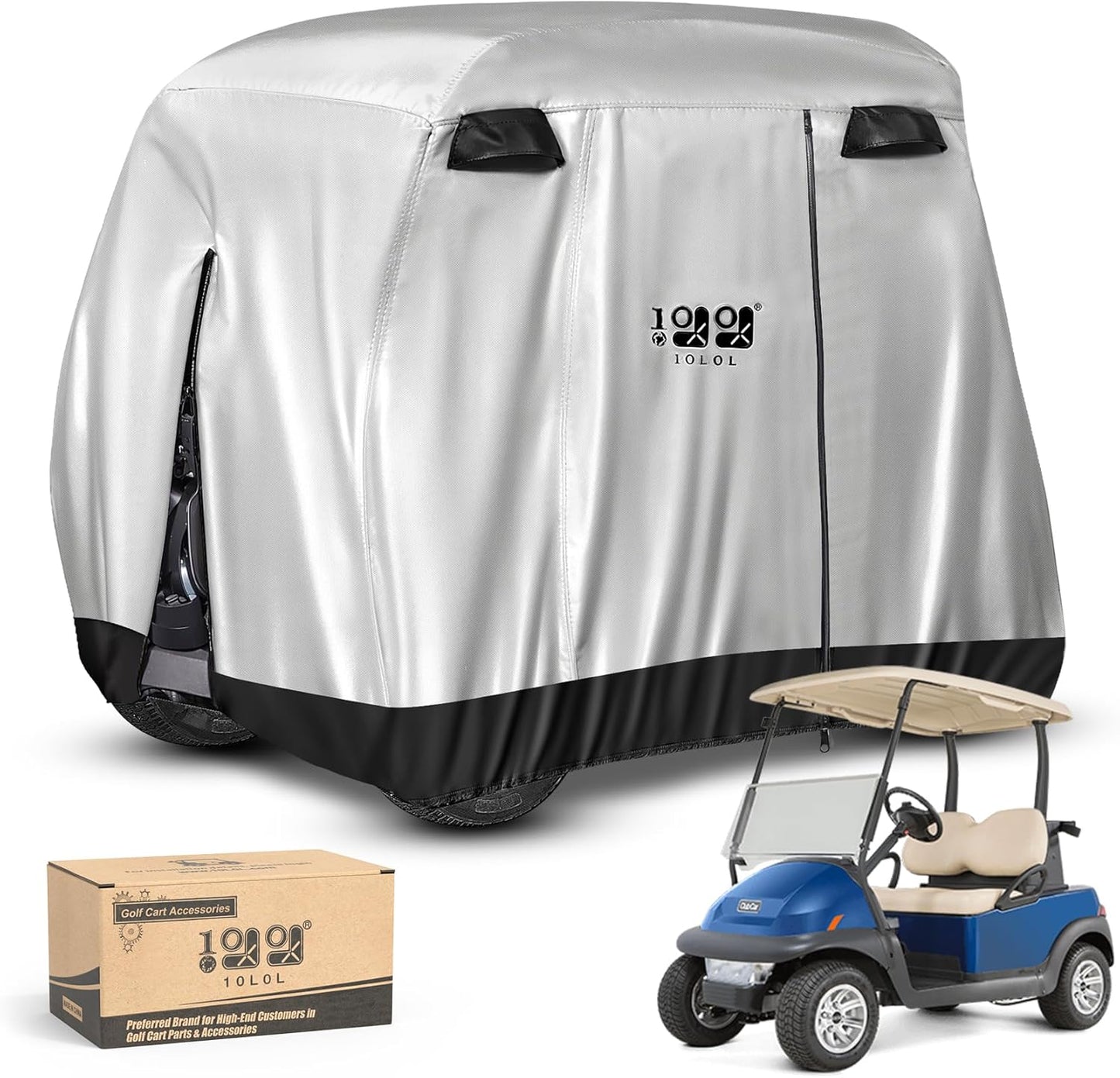 10L0L 4 Passenger Golf Cart Cover for Yamaha EZGO Club Car, 400D Polyester All-Weather Waterproof Golf Cart Storage Cover with Three Zipper Doors-Silver