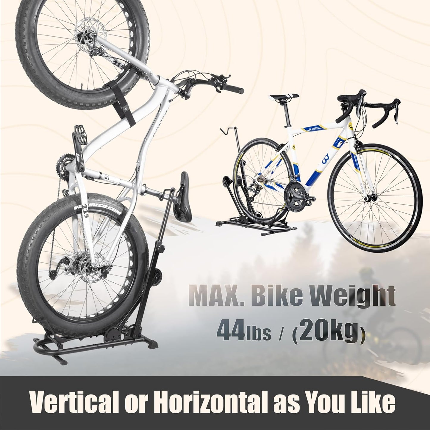 BIKE HAND Vertical Bike Stand - for Fat Bike Snow MTB Road Bikes with Max 5" Tire Width - Vertical & Horizontal Adjustable Bicycle Parking Rack with Seatpost Stabilizer - Wheel Sizes up to 29"