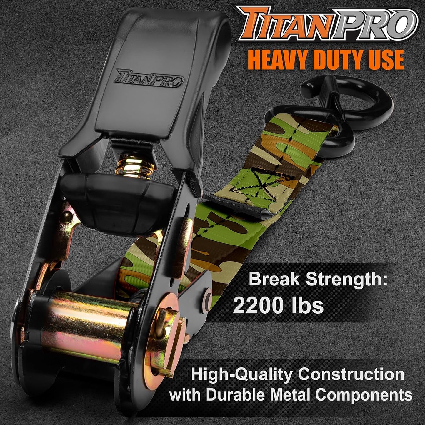 TitanPro Heavy Duty Ratchet Straps 4-Pack - 2,200lb Break Strength, 1" x 15' Rachet Tie Downs with Padded Handles - Heavy Duty, Truck, Motorcycle, Moving Straps (Camo)