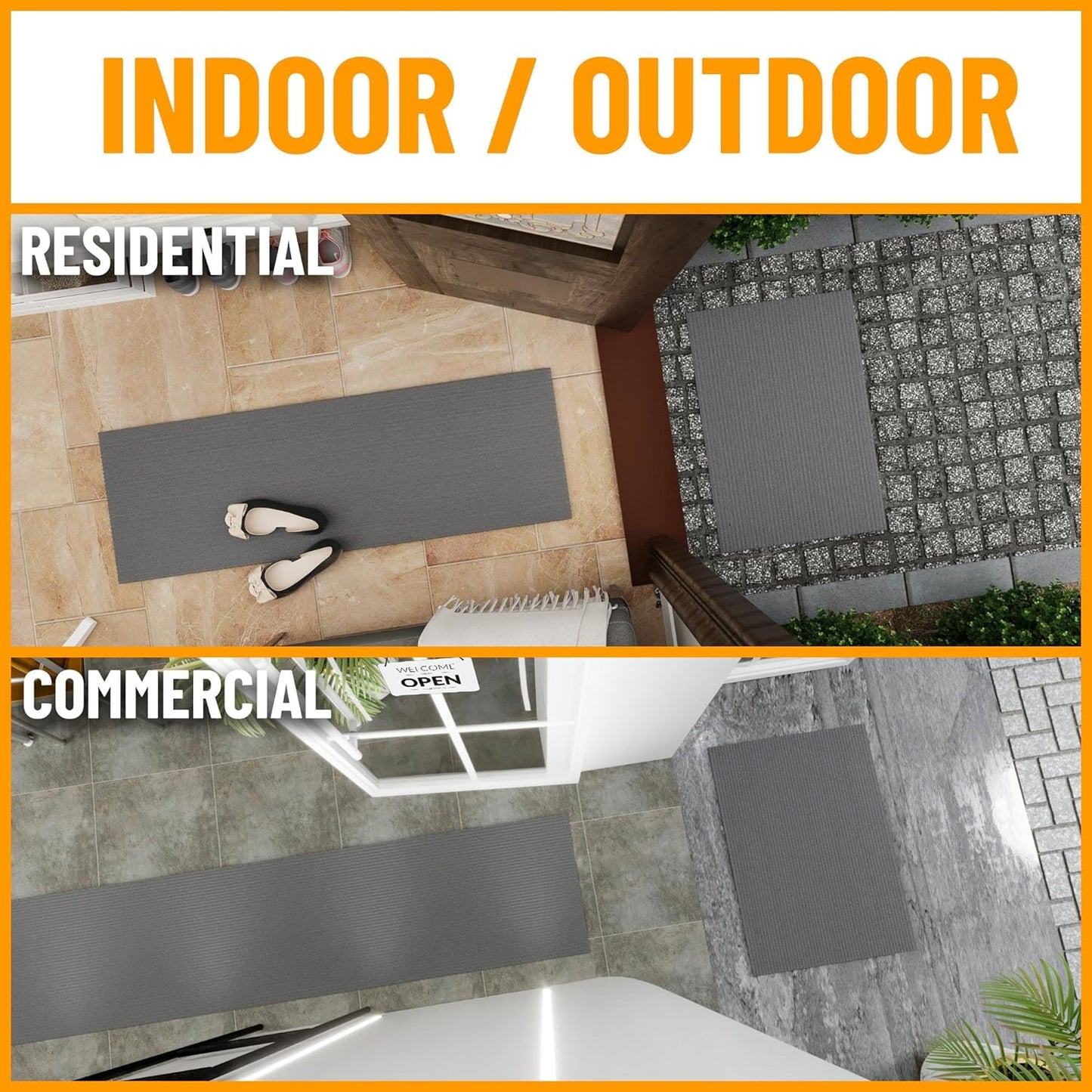 Ottomanson 2' x 7' Hallway Runner with Scraper Pile - Extra Durable Non-Slip Rug Mat for Indoor & Outdoor Use - Ideal for Kitchen, Entryway, Patio & Garage - High-Traffic Carpet, Gray