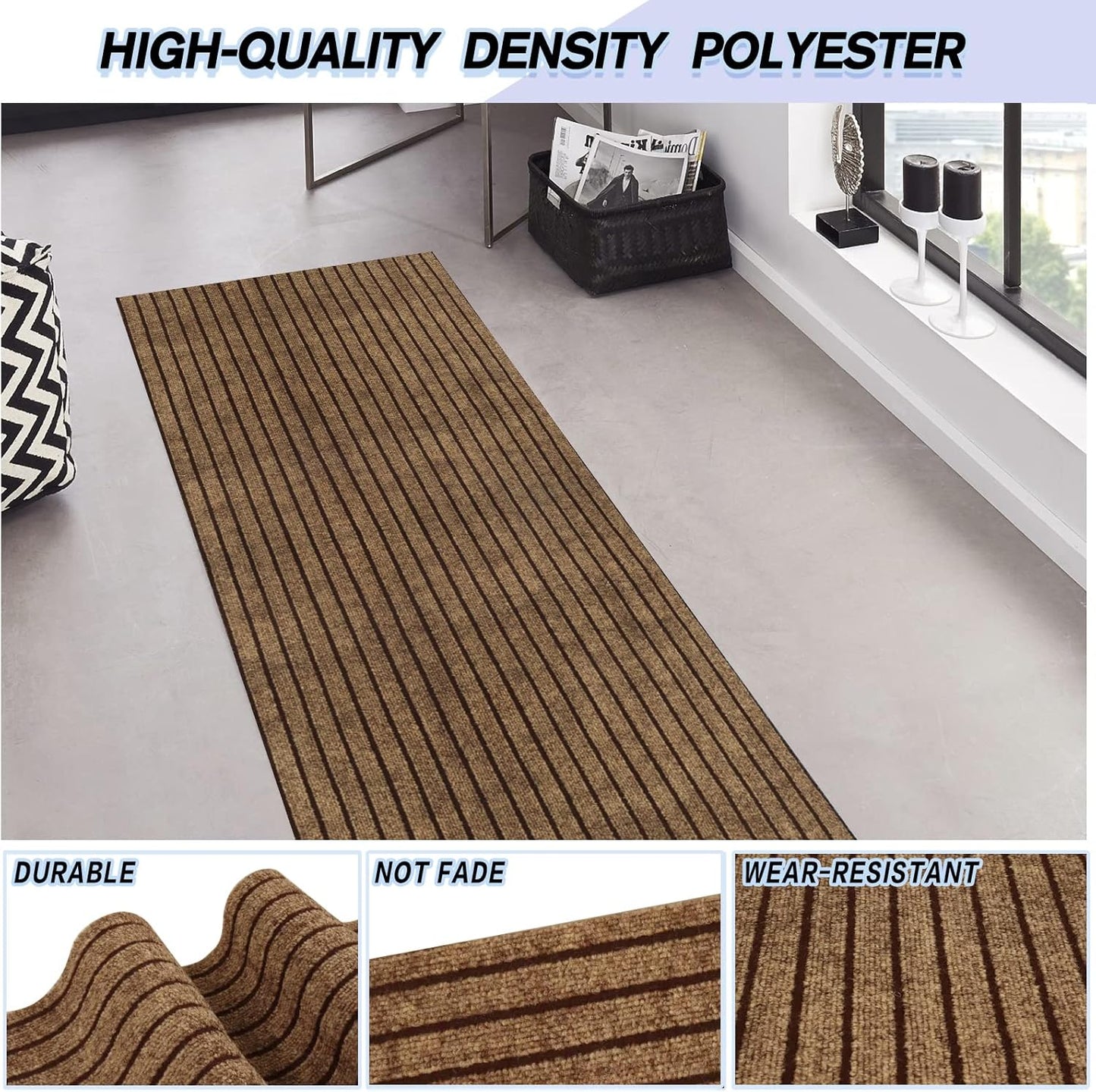 Custom Size Backed Non-Slip Area Rugs Runner, Easy Clean, Waterproof Runner Rugs for Hallway Entryway, Kitchen, Laundry, 4FT x 41FT, Brown Stripe