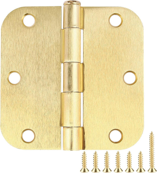 3 Pack Round Door Hinges 3-1/2" x 3.5 inch, 5/8 Radius, Brushed Brass 3 ½ Inch Satin Gold House Interior Hinge for Bed/Living/Guest/Pantry/Storage/Study/Work Room Doors Heavy Duty Iron Hardware Kit
