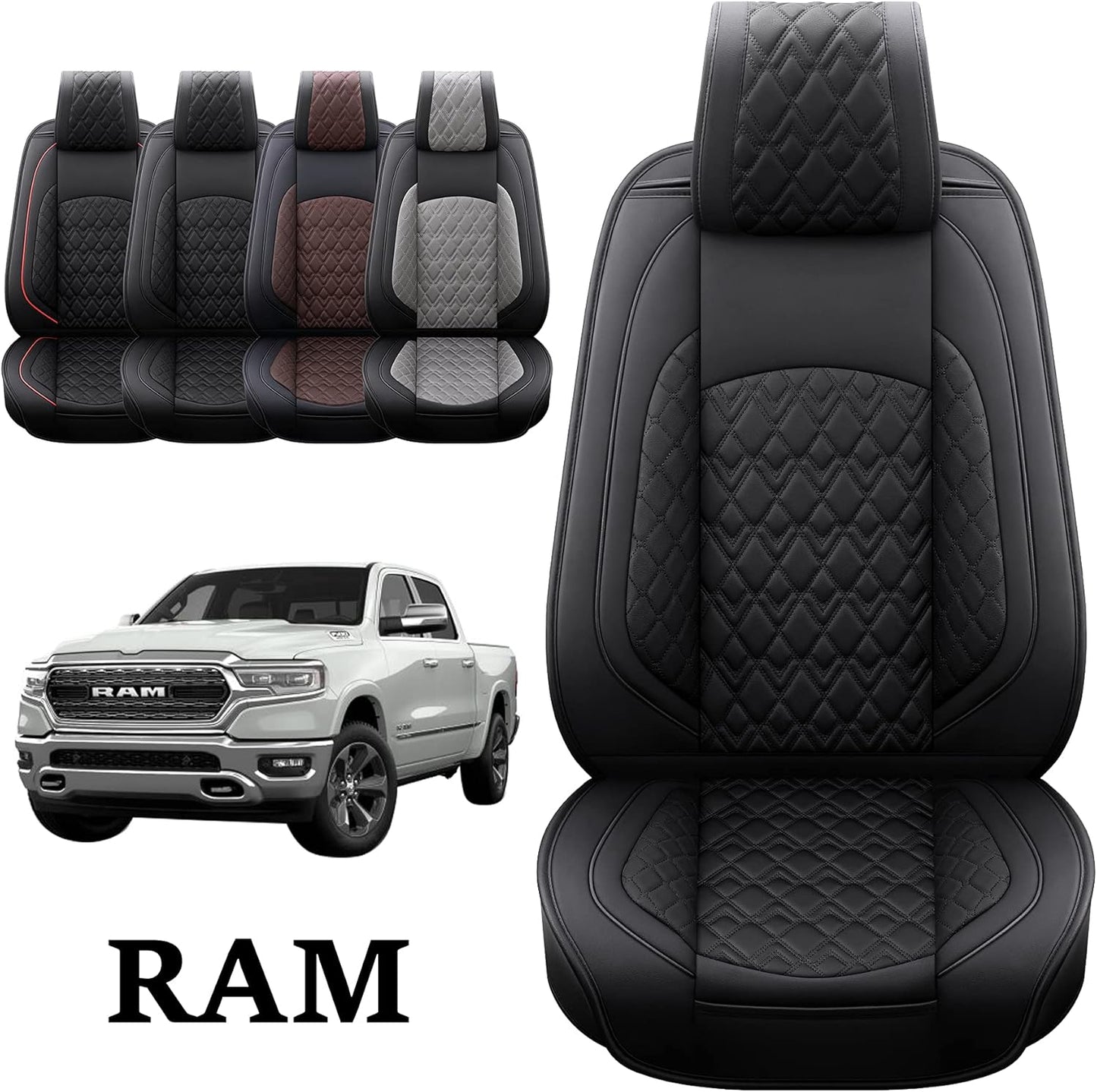 JOJOBAY Car Seat Covers for Dodge Ram 2 Pcs Front,Fit Ram 2009-2025 1500/2500/3500 Pick-up Truck,Crew,Regular,Quad,Mega Cab,Waterproof Leather Automotive Seat Covers 2 PCS Front,Black