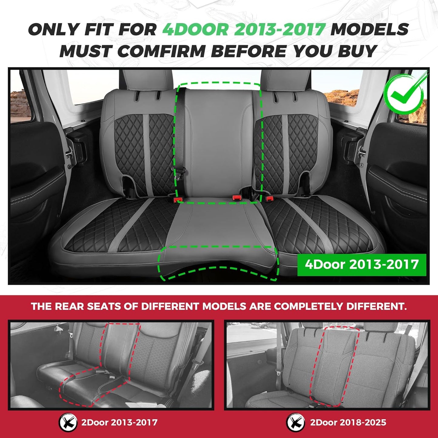 for Jeep Wrangler Seat Covers 4Door JK 2013 2014 2015 2016 2017, Custom Fit Car Seat Cover Full Set, Luxury Leather Seat Protectors, Waterproof SUV Interior Cushions Accessories, Gray Black