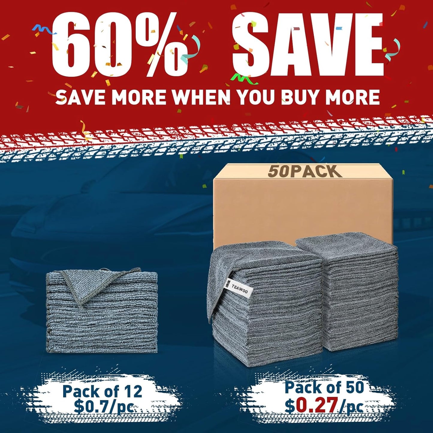 Microfiber Cleaning Cloths Bulk-50 Pack, Gray Microfiber Towels for Cars, Ultra Absorbent Microfiber Towel Weave Grime & Liquid for Streak-Free Mirror Shine - Car Washing Cloth