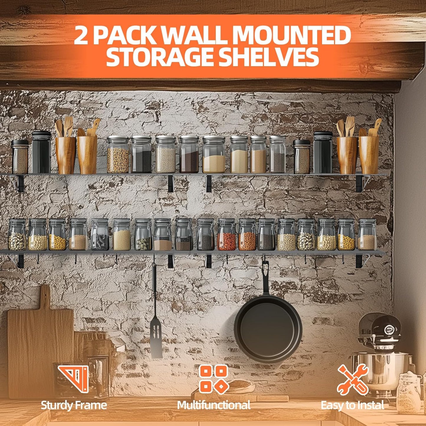 2-Pack 2x6ft Garage Wall Shelf, 72 inch Floating Shelf with 8 Bike Hooks, 1200 lbs Load Capacity Storage Shelves, Heavy Duty Metal Wall Mounted Shelves for Kitchen Laundry Workplace