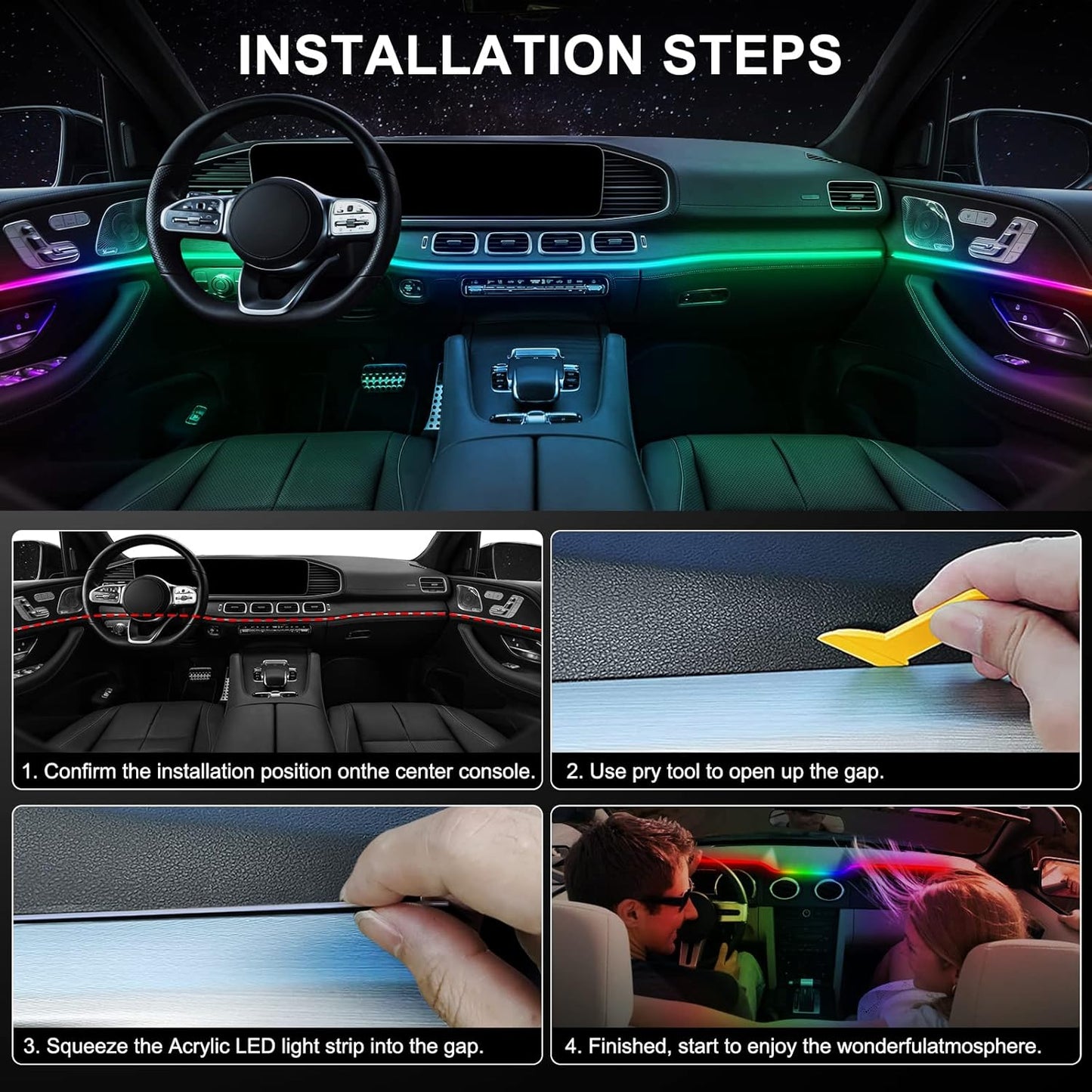 Acrylic Interior Car LED Strip Light with Wireless APP, RGB 18 in 1 with 175 inches 593 LEDs Fiber Optic Ambient Lighting Kits, 16 Million Colors Sound Active Function Car Neon Lights