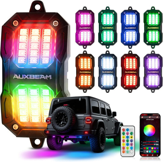 Auxbeam 8 Pods RGB LED Rock Lights w/Brake Mode, Dynamic Color Changing Wheel Well Lights w/Bluetooth APP& Remote Control, Music Voice Sync Underglow Kit for Trucks Boat Waterproof, 1 Year Warranty