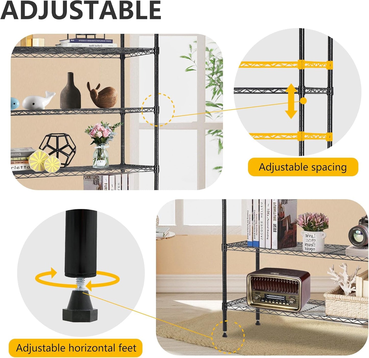 16''Lx42''Wx72''H 6 Shelf Wire Shelving Unit Heavy Duty Metal Storage Shelves NSF Wire Shelf Organizer Black Height Adjustable Utility Steel Commercial Grade Layer Shelf Rack 1500 LBS Capacity