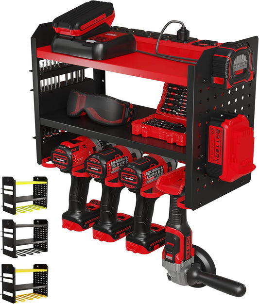 Power Tool Organizer Wall Mount - 3-Tier Heavy-Duty Metal Hand Tool Storage Rack, Utility Racks, Drill Holder, PegBoard Side, & More - Garage Storage Cordless Tool Organizer (Red)
