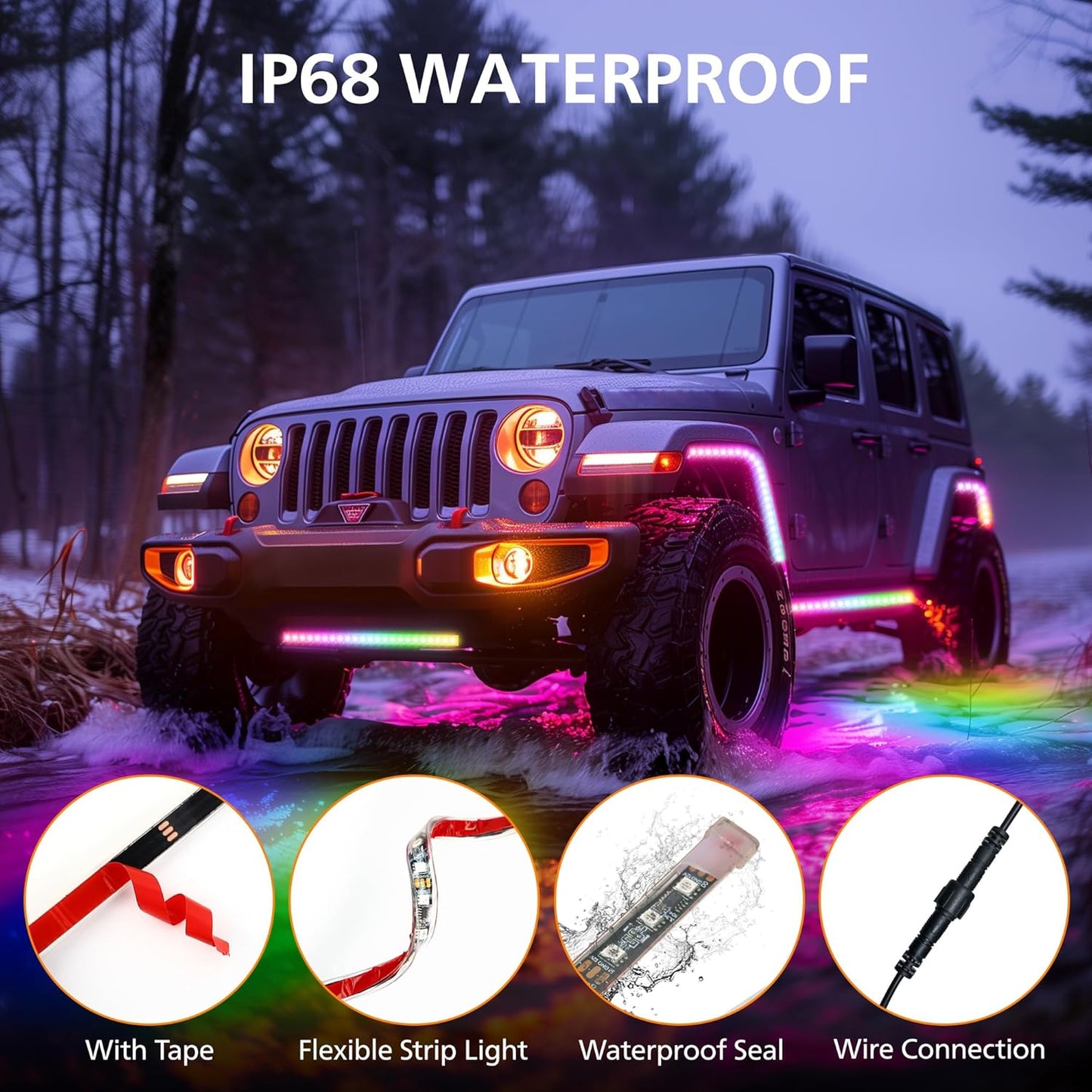 Underglow LED Lights for Cars 252 LEDs RGBI Neon Accent Strip Lights with App and 16 Million Colors DIY & Music Mode Underbody Exterior Lights Kit for RV SUV Truck Boat 12V