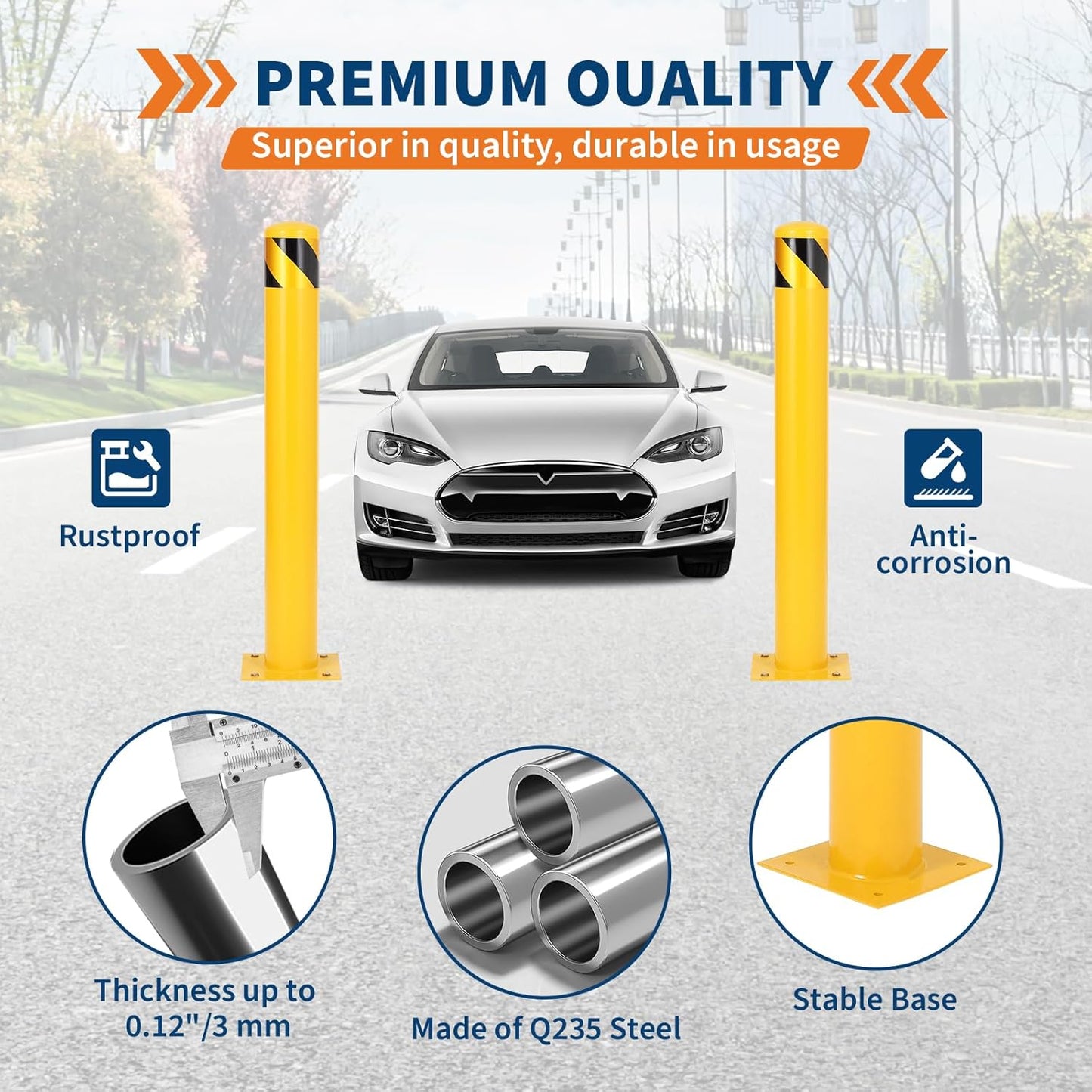 4.5x42 Inch Safety Bollard Post - Yellow Steel Bollard with Anchor Bolts (1-Pack) for Parking Lots, Walkways & Traffic Areas