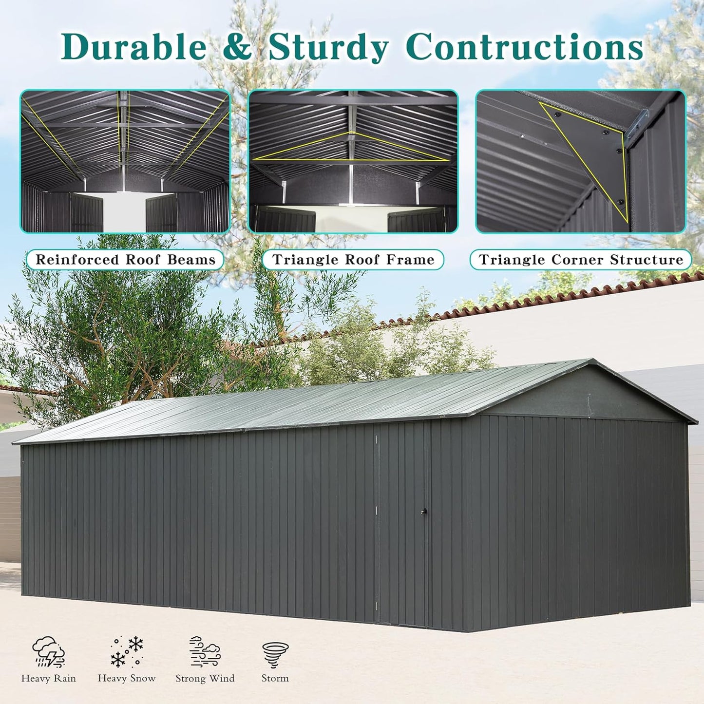 Domi 12x25FT Outdoor Metal Garage Shed, Extra Large Carport with Skylights & Dual-Entry, Backyard Storage Shed for Car, Truck, Lawn Mower and Tool, Dark Grey