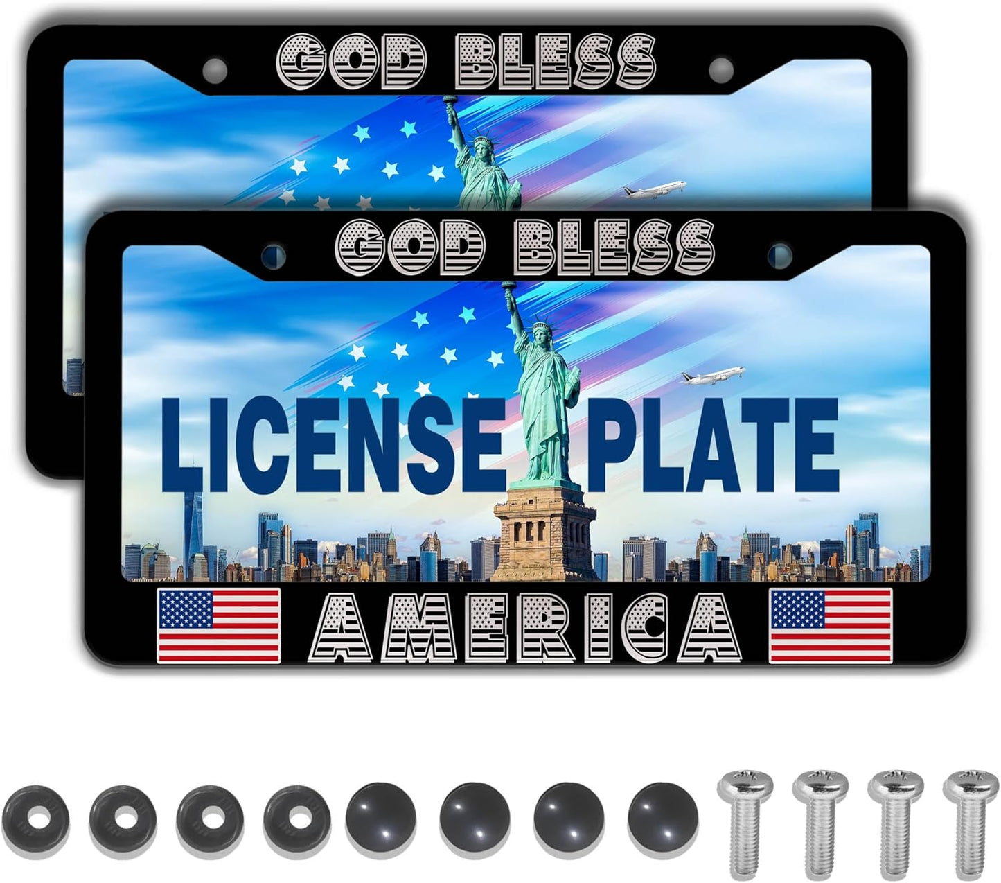 Car Plate Frame for Men Black and White License Plate Frames for Women God Bless America Aluminum Metal Car Accessory 2 Pack with Screw Covers Set