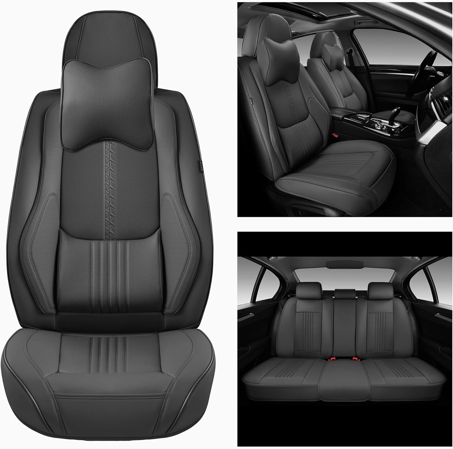 Car Seat Covers Full Set, Front and Rear Seat Covers for Cars, Waterproof Leather Auto Seat Protectors with Head Pillow, Car Seat Cushions Fit for Most Sedans SUV Pick-up Truck, Gray