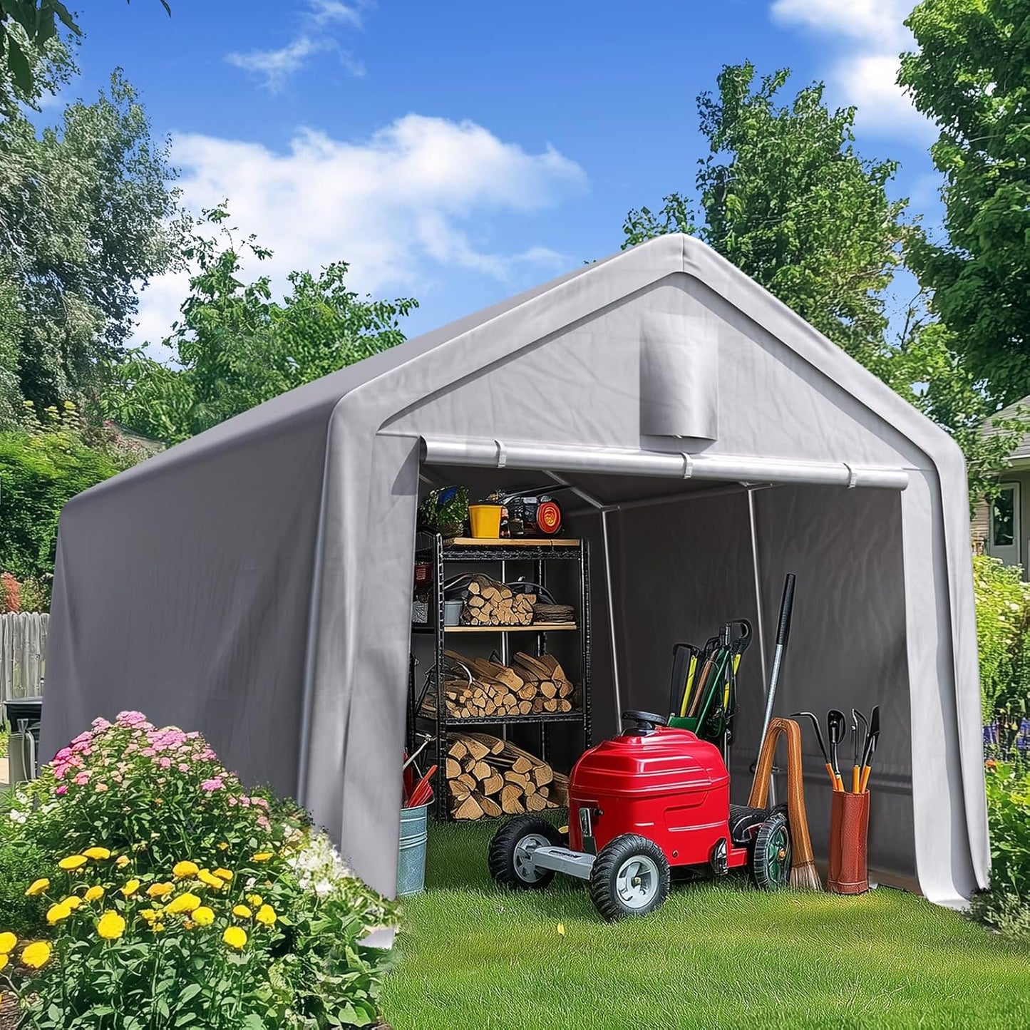 Quictent Heavy Duty 10x15FT Carport Shelter with Roll-Up Mesh Windows & Reinforced Frame, Portable Garage Canopy for Motorcycle Storage, Outdoor Equipment, Patio Furniture Cover - Silver Gray