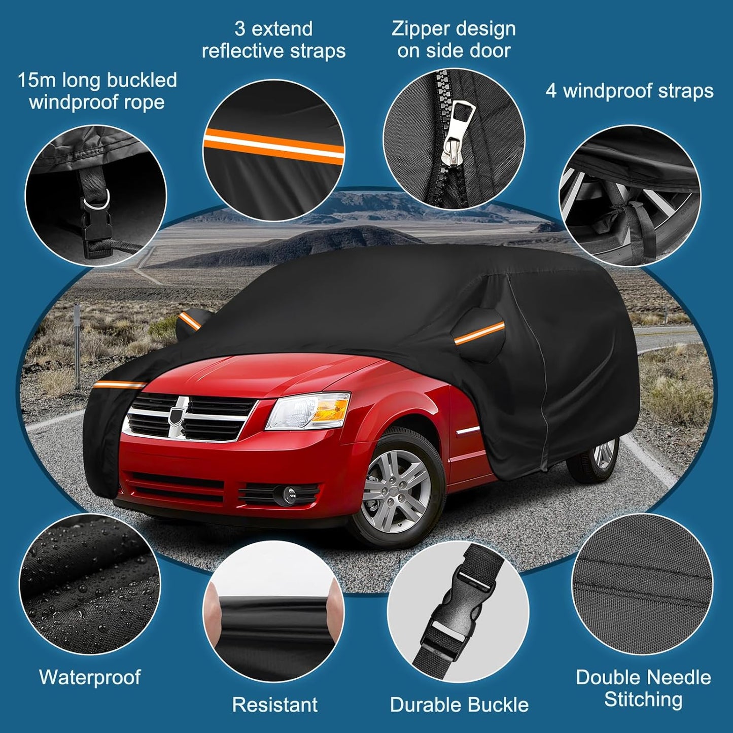 Car Cover for 1984-2020 Dodge Grand Caravan,Chrysler Grand Voyager,1984-2000Plymouth Grand Voyager, Waterproof 210D Oxford Cloth and Cotton Cover Outdoor Full Car Covers