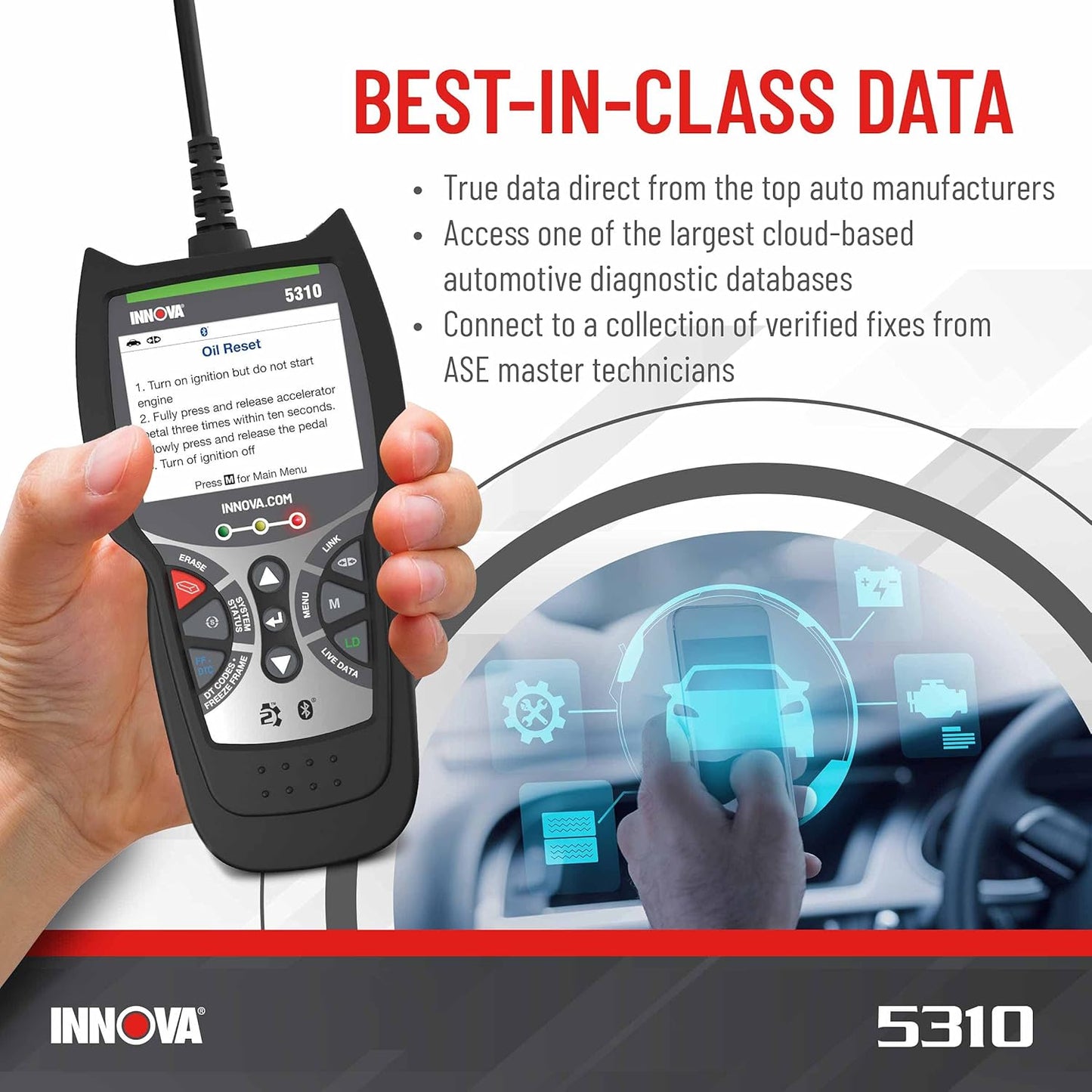 Innova 5310 OBD2 Scanner for ABS & Airbag (SRS) with Battery/Alt Test, Oil Light Reset, Live Data for 1996-2023 Vehicles, Accurate, Reliable, Easy to Use, iPhone & Android App Included