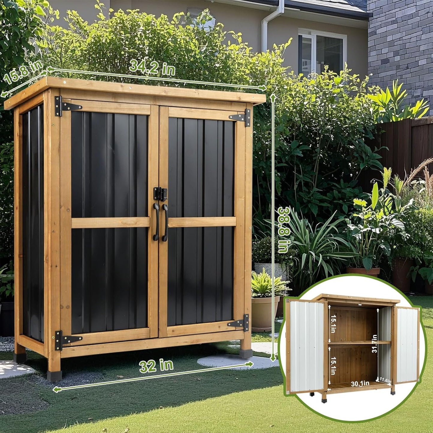 Outdoor Storage Cabinet, Small Wood & Metal Storage Shed with Lockable Doors & Adjustable Shelves, Vertical Outdoor Cabinets Weatherproof for Patio Backyard,Garden Tool Shed and Accessories, Brown