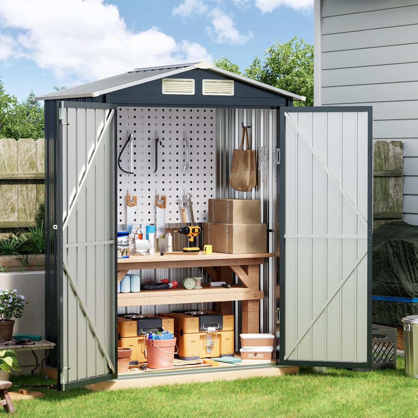 Breezz 5x3FT Vertical Outdoor Steel Storage Shed,Lockable Doors, Compact Metal Tool Shed for Garden, Backyard, Patio, Utility, and Bike Storage,Nightblue