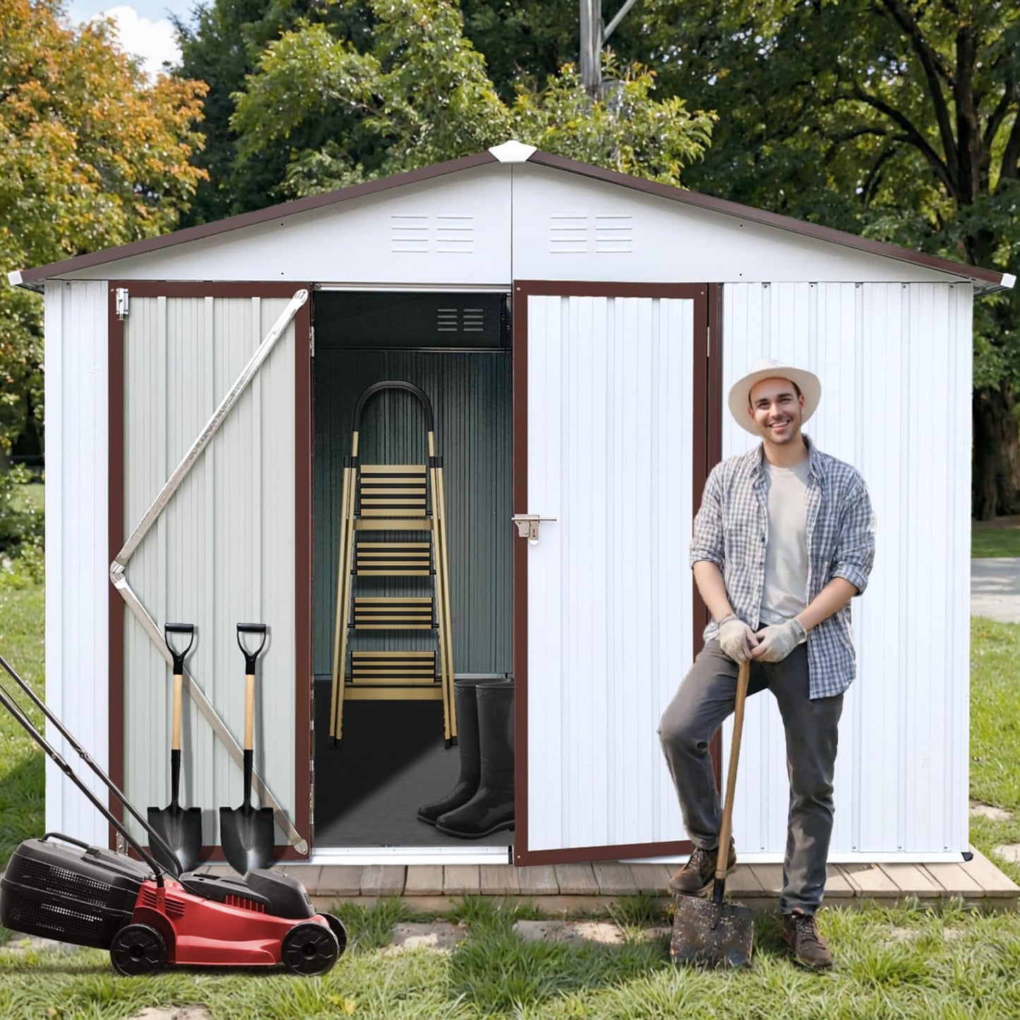 10' x 8' XL Outdoor Storage Shed, Sturdy Metal Building w/Lockable Doors for Garden, Backyard, Poolside and Lawn, Brown+White