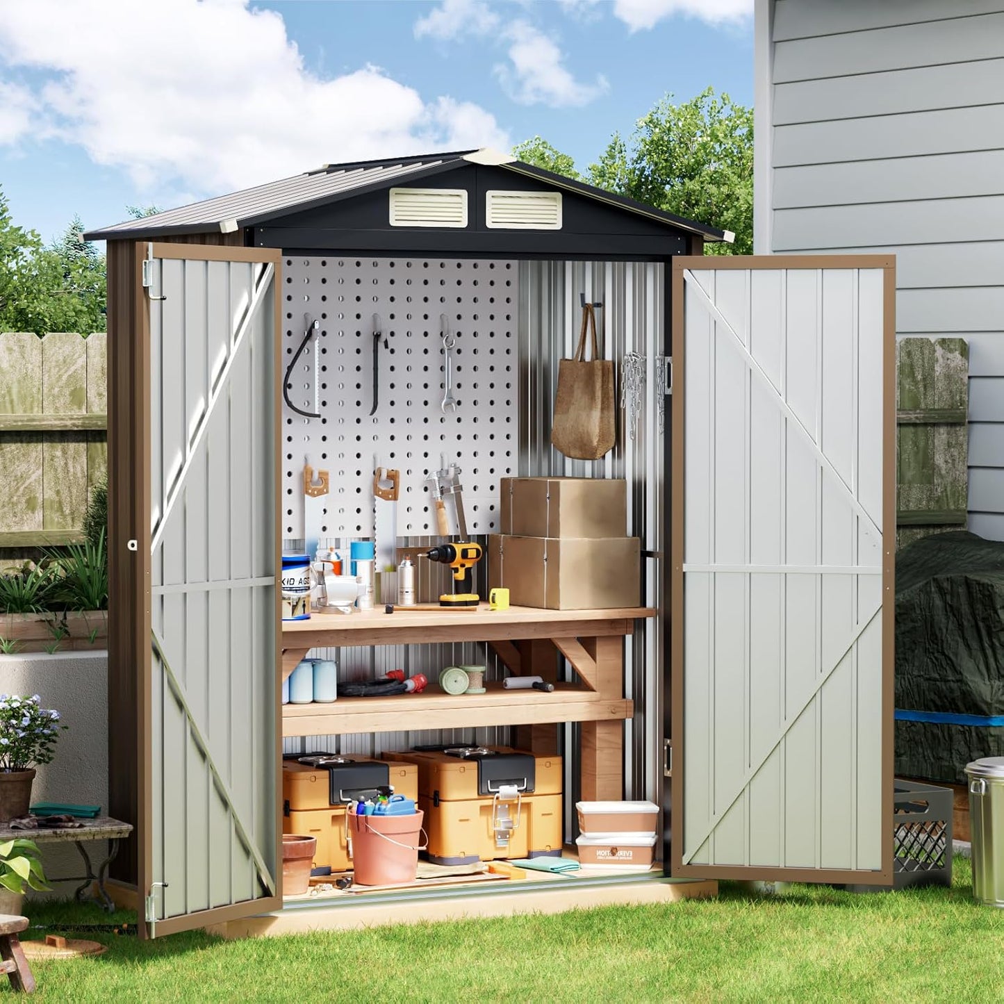 Breezz 5x3FT Outdoor Steel Storage Shed, Lockable Doors, Compact Metal Tool Shed for Garden, Backyard, Patio, Utility, and Bike Storage,Brown