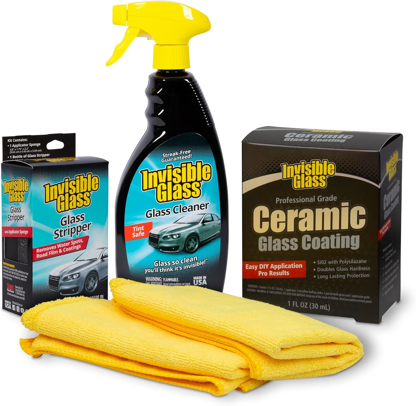 Invisible Glass 99017 Pro Glass Care Kit – Clean with Premium Glass Cleaner, Strip Water Spots with Glass Stripper, Protect with Ceramic Coating – Includes (2) Microfiber Cloths