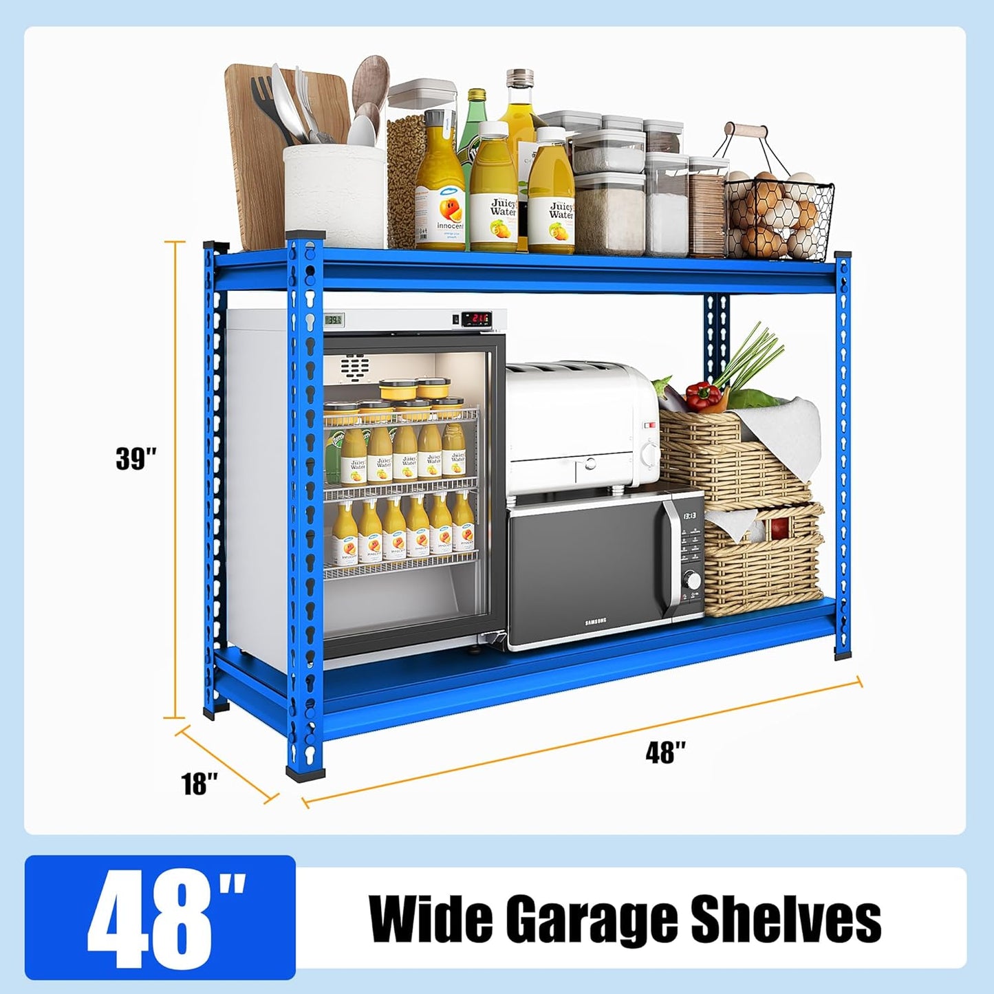 48" W Garage Shelving Heavy Duty, 1000LBS Loads Adjustable Garage Storage Shelves, 2-Tier Metal Shelving Units and Storage Racks, Industrial Utility Shelf,48" Wx18 Dx39 H, Blue